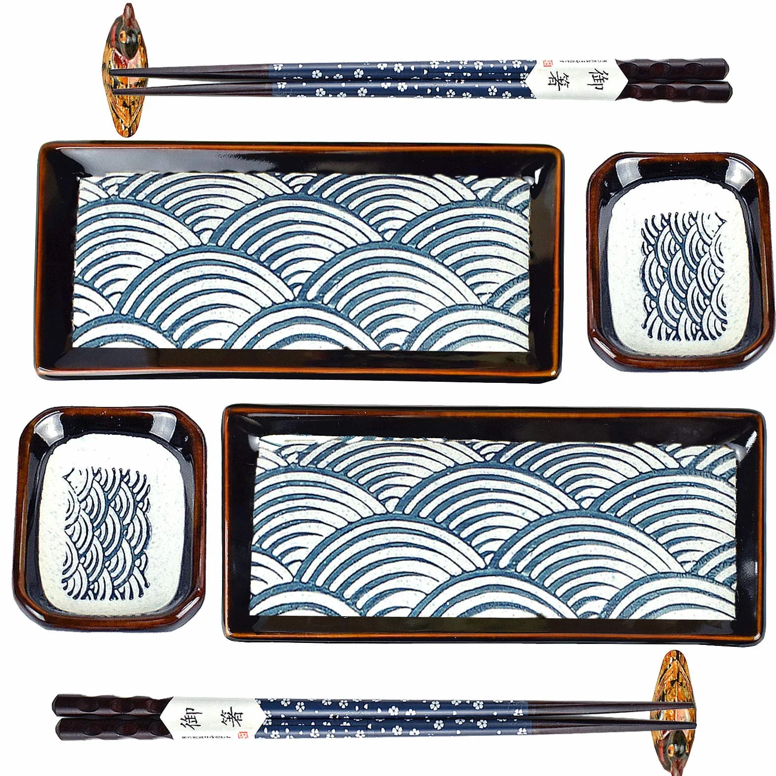 Artcome 8-częściowy zestaw ceramicznych talerzy do sushi w japońskim stylu na parapetówkę ślubną – 2 talerze do sushi, 2 naczynia do sosów, 2 pary pałeczek, 2 uchwyty na pałeczki