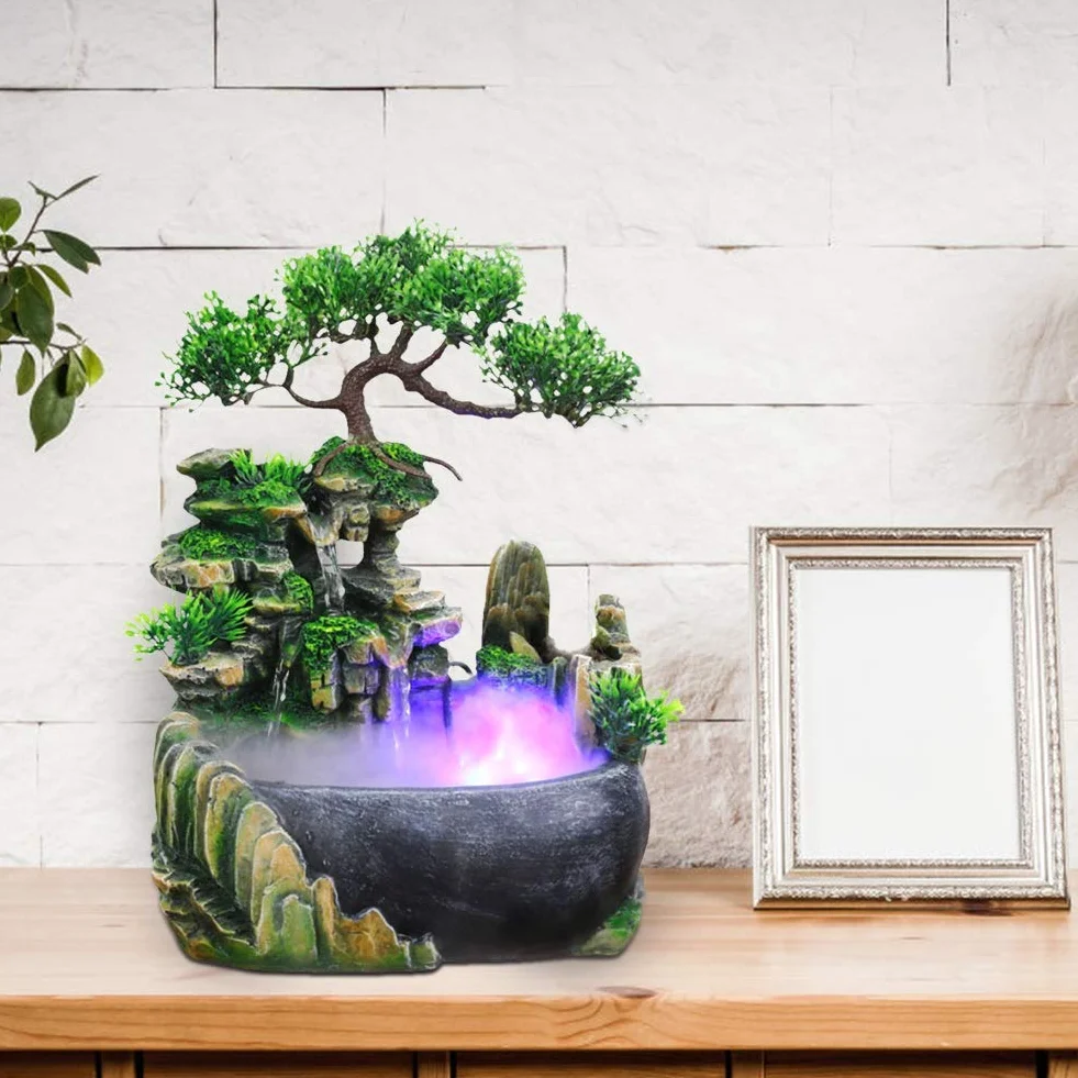 Fontanna na biurko, wewnętrzna fontanna na biurko Wodospad LED Fontanna na biurko ze zmianą koloru do dekoracji biurka Symulacja Rockery Humidifier Decor (EU 220V)