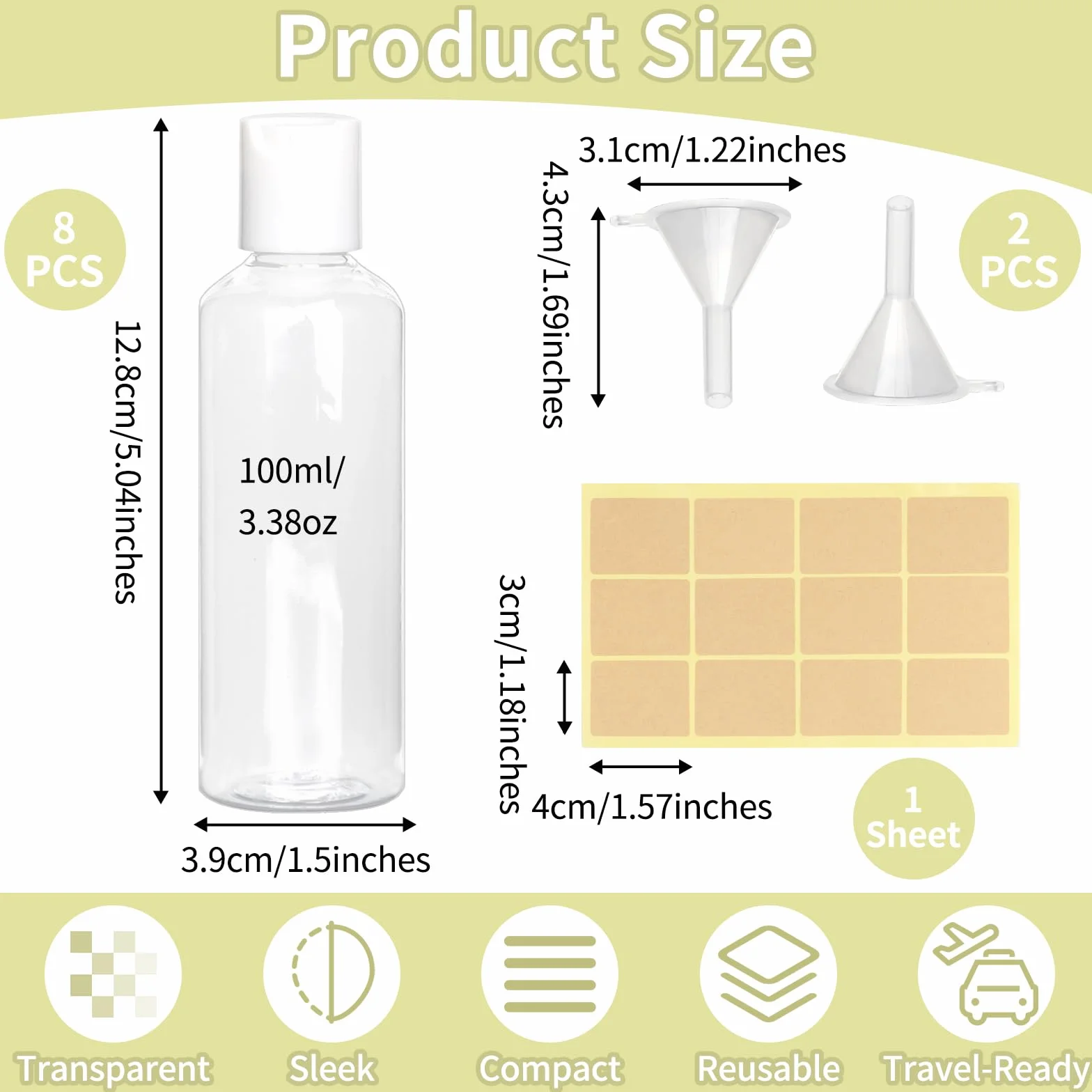 8 sztuk plastikowych butelek podróżnych, 100 ml, puste pojemniki podróżne, wielokrotnego użytku, małe butelki z szamponem, przezroczyste butelki kosmetyczne z zamknięciem Disc, 2 lejki i 12 etykiet,