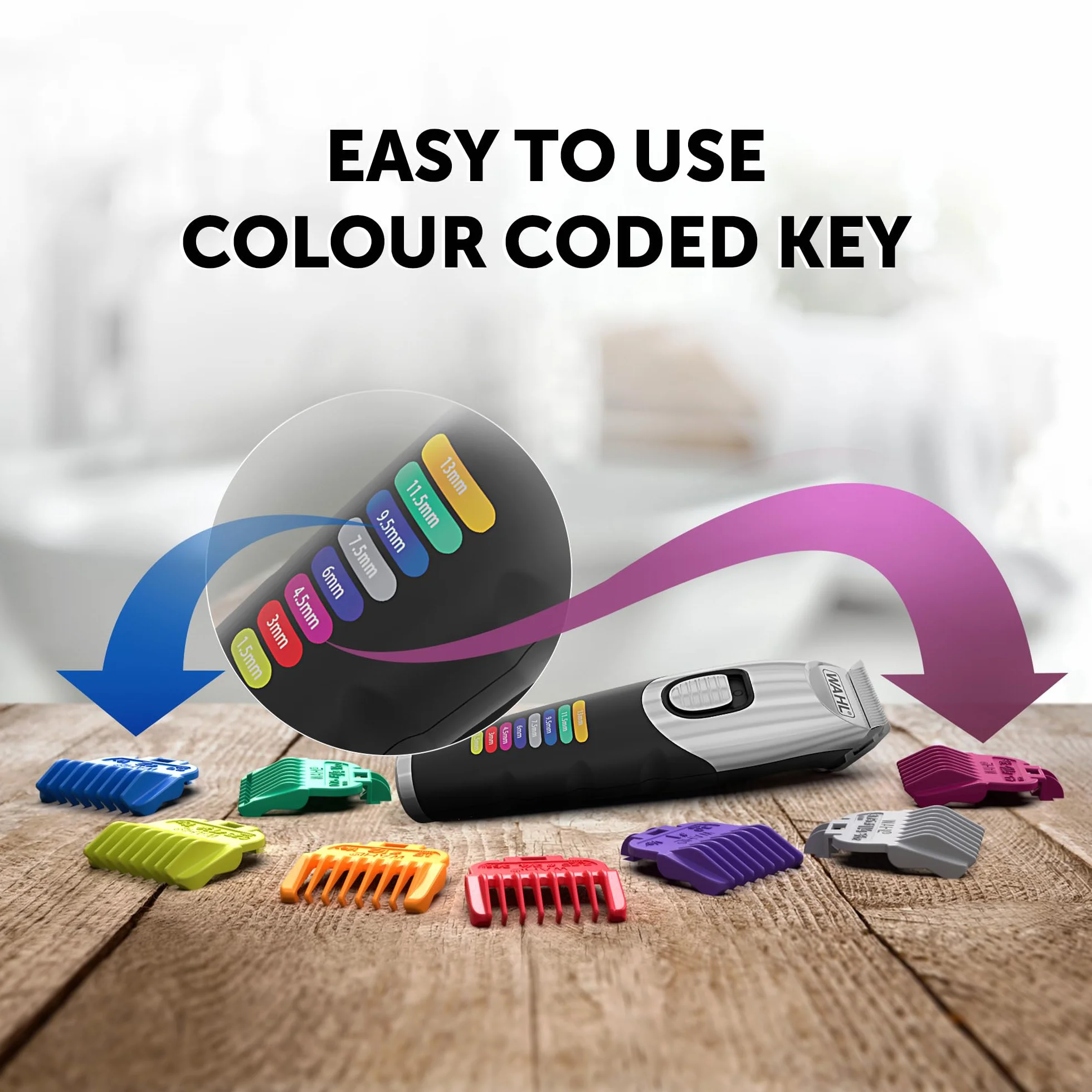 Wahl Color Trim Trymer Do Brody, Grzebienie Prowadzące z Kodami Kolorów, Czas Pracy 240 Min, Ładowarka USB, Precyzyjnie Szlifowane Ostrza