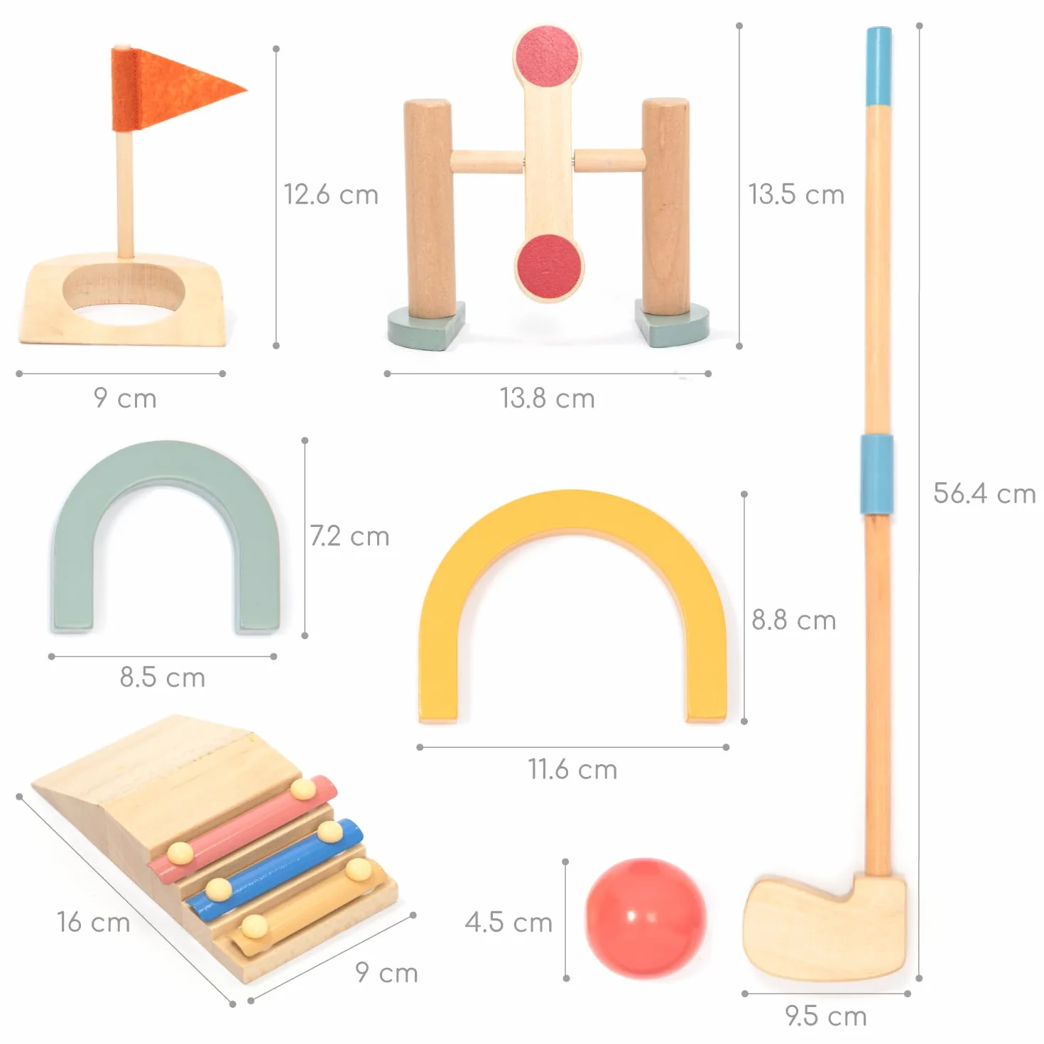 Umu® Drewniany zestaw mini golfa dla dzieci – 6 przeszkód, wewnątrz i na zewnątrz, zestaw golfa z piłkami i kijami, kreatywna zabawka edukacyjna dla dzieci