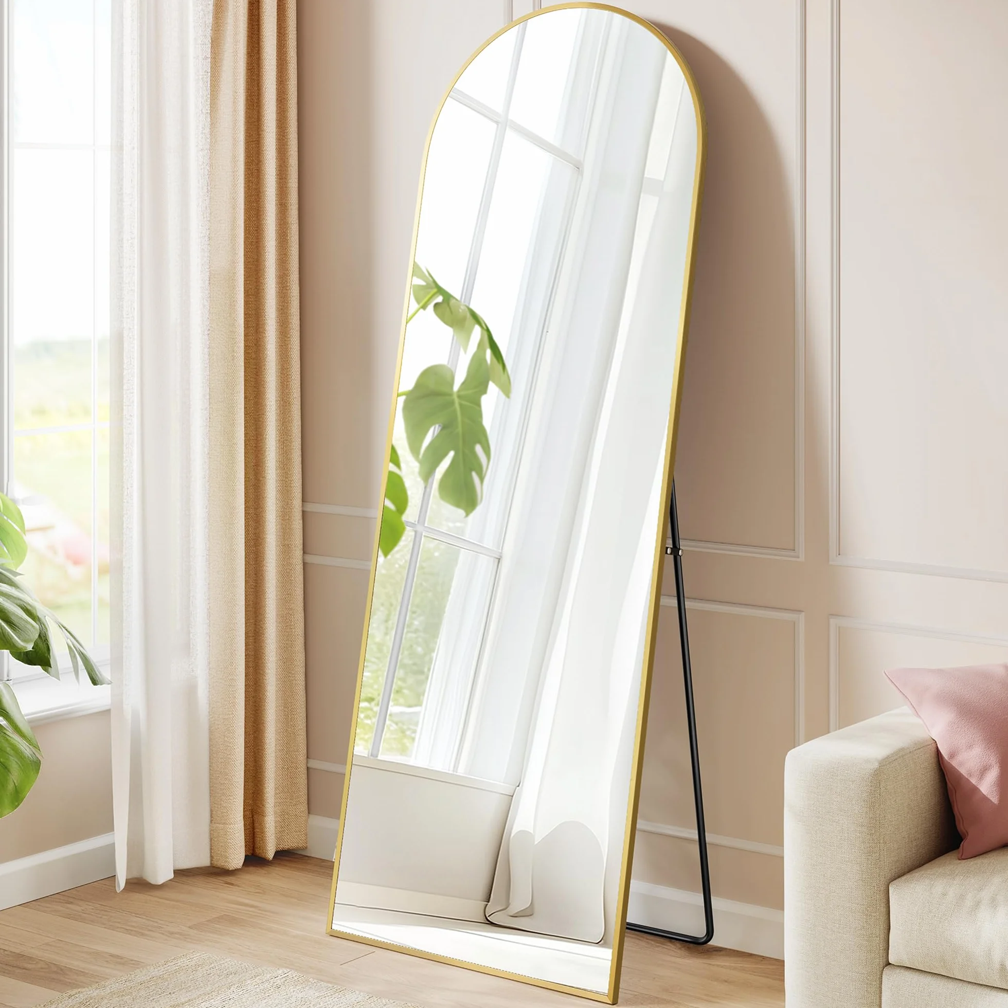 SONGMICS Lustro pełnej długości, 160 x 50 cm, łukowe lustro pełne z podstawką, rama ze stopu aluminium, szkło hartowane, do sypialni, salonu, szatni, bladozłoty LFM031A01