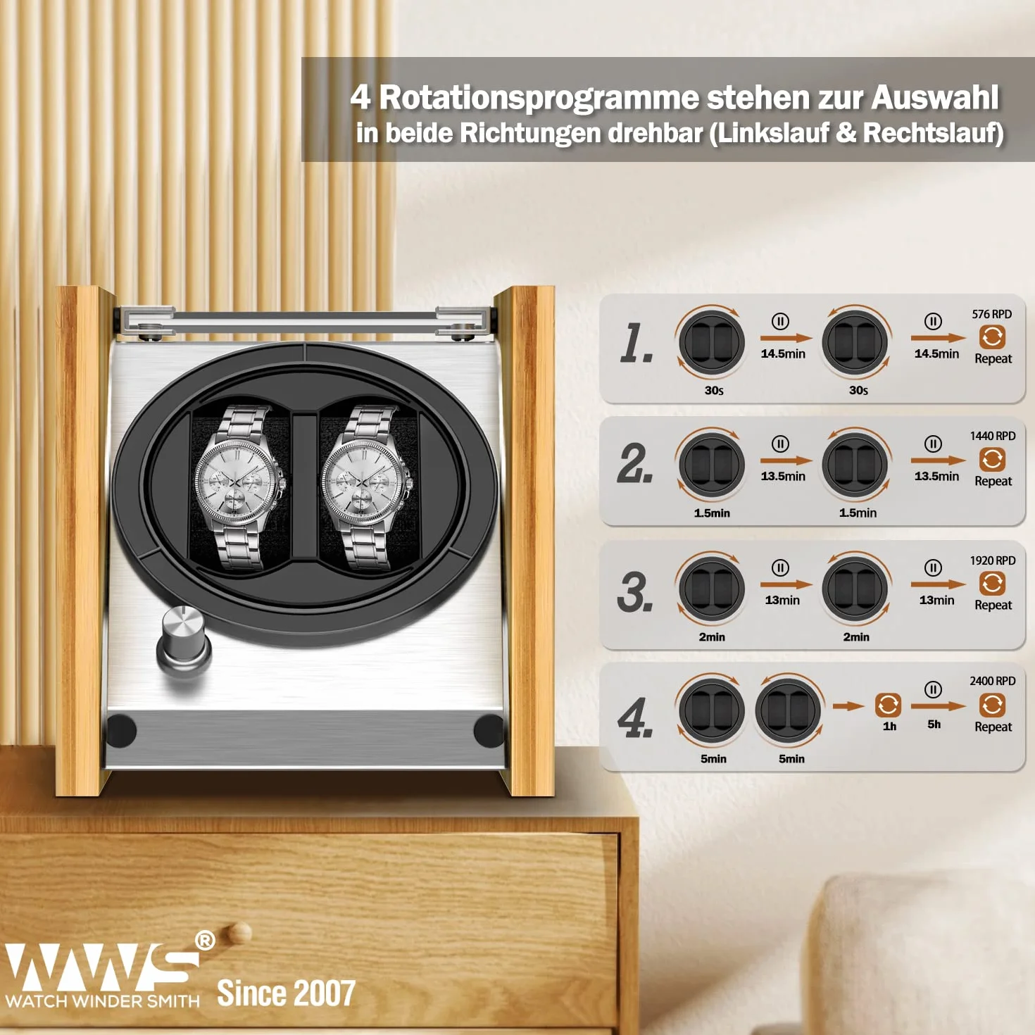 Watch Winder Smith WWS-B1BAM rotomat z drewna bambusowego na 2 zegarki