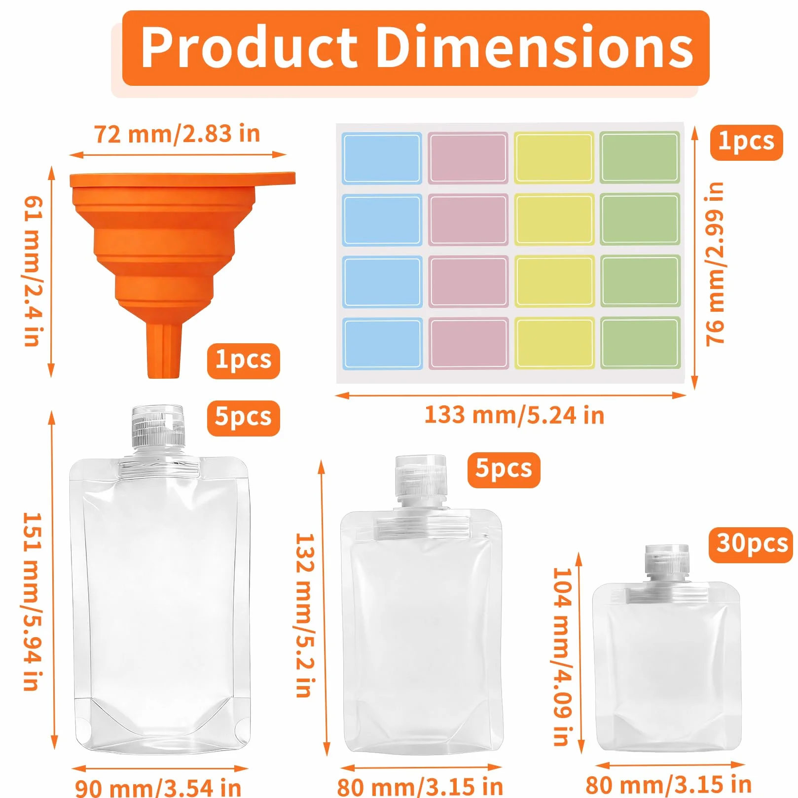 Zestaw 20 szt. saszetek na uzupełnianie żelu pod prysznic 30ml 50ml 100ml | przenośne butelki do szamponu żelu balsamu soków | z silikonowym lejkiem i etykietą na podróż