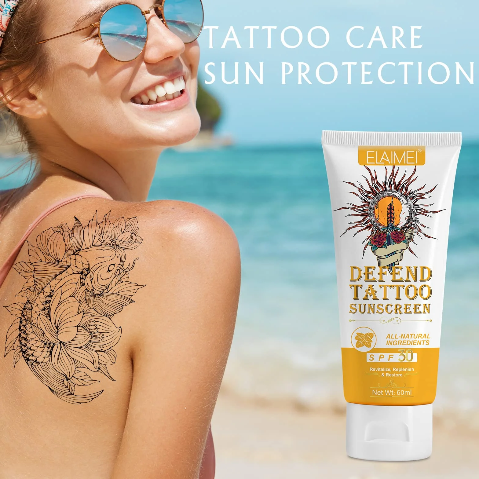 VRAIKO ELAMEI Tattoo Sunscreen SPF 30+, 70% Natural Ingredients Tattoo Fade Protection Moisturizer with Aloe, argan, Rose Hips Oil, Masło Cocoa, Non-Greasy Formula, 2oz