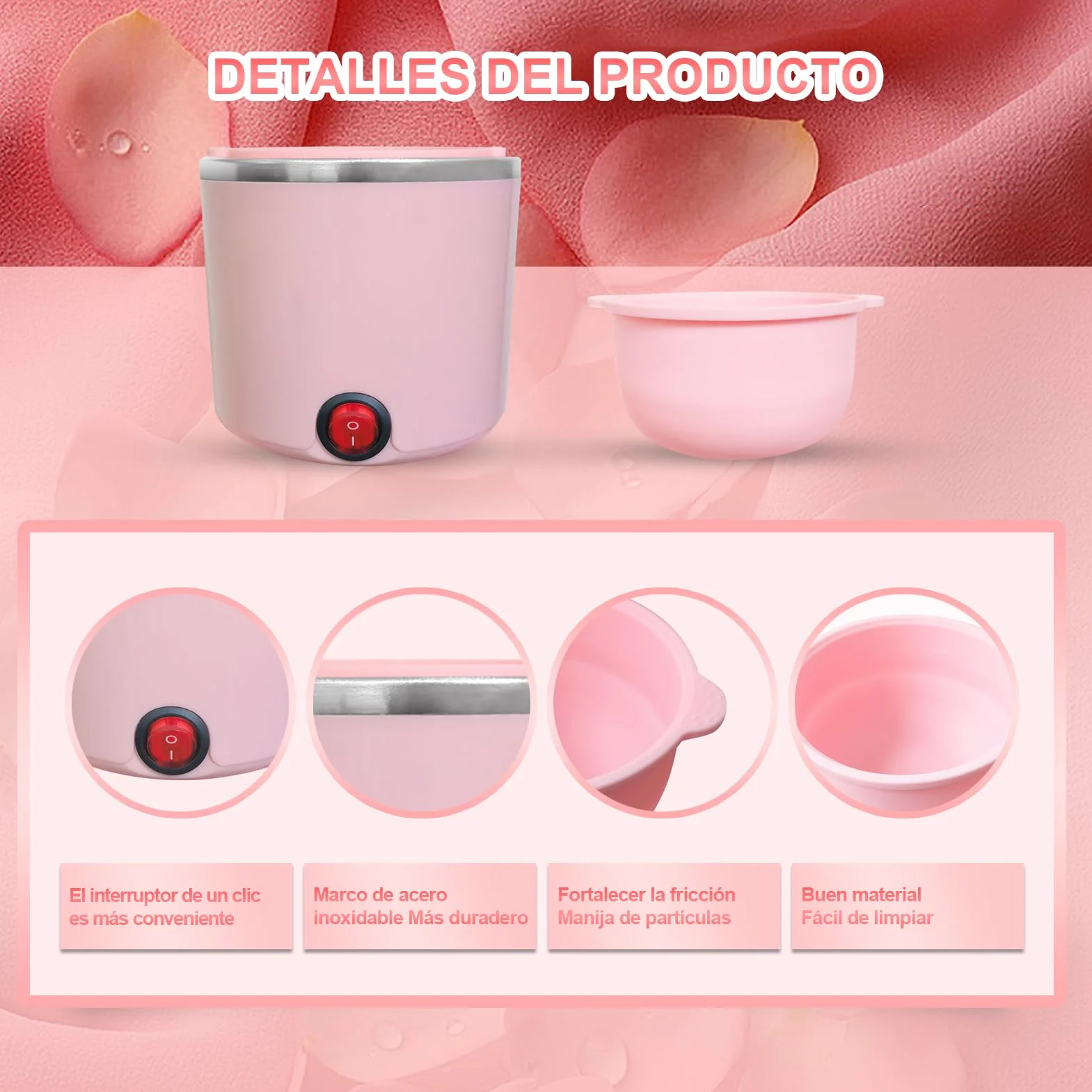 Mini podgrzewacz do wosku do depilacji, maszyna do depilacji gorącym woskiem z silikonowym pojemnikiem 200 ml, kompletny zestaw 4 torebek z woskową perłą, 20 szpatułek (różowy, okrągły)