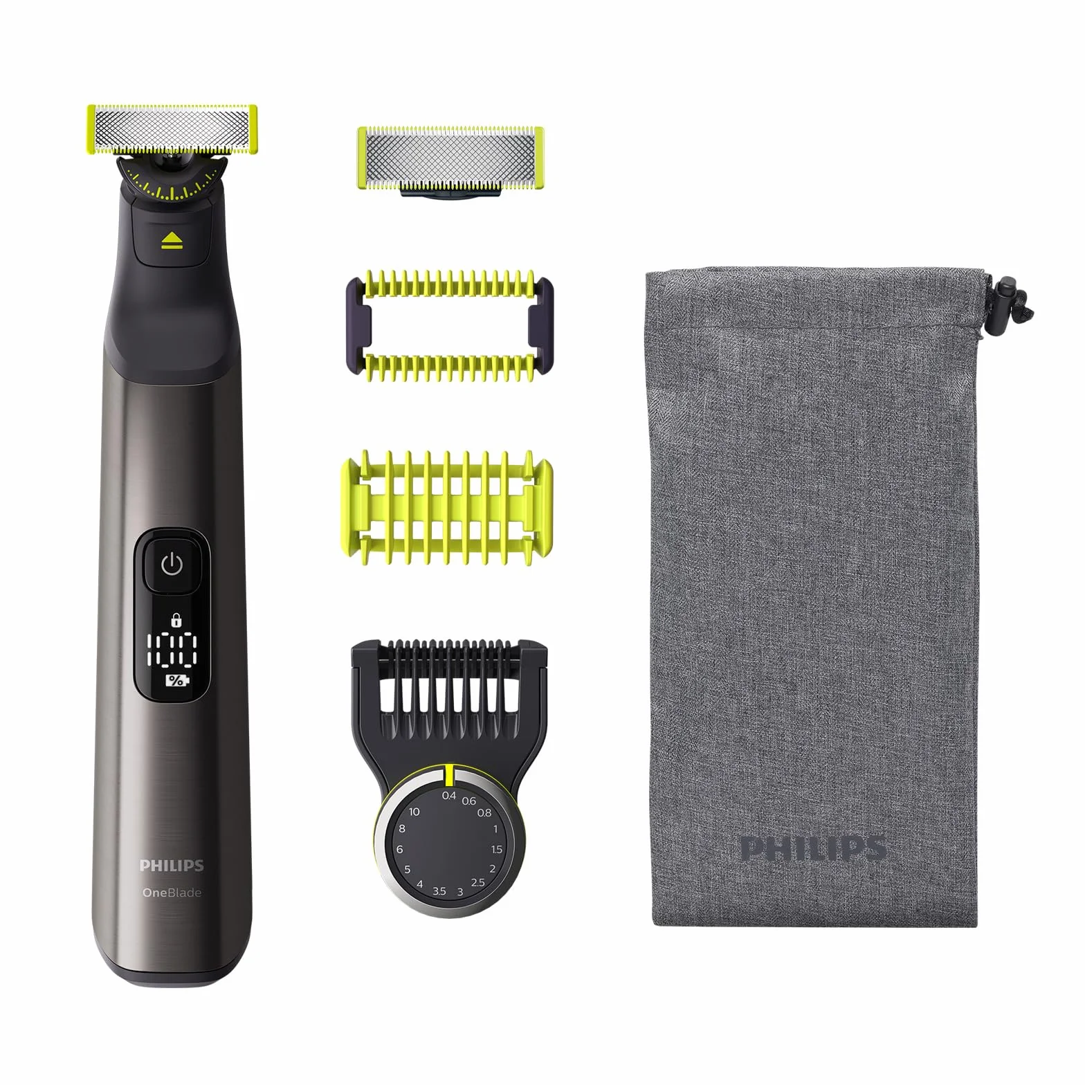 Philips OneBlade Pro 360 - Golarka do brody i do ciała z ostrzem 360, 1x ostrze 360, 1x nasadka do przycinania z 14 ustawieniami długości, 1x zestaw do ciała, 1x miękkie etui (model QP6551/30)