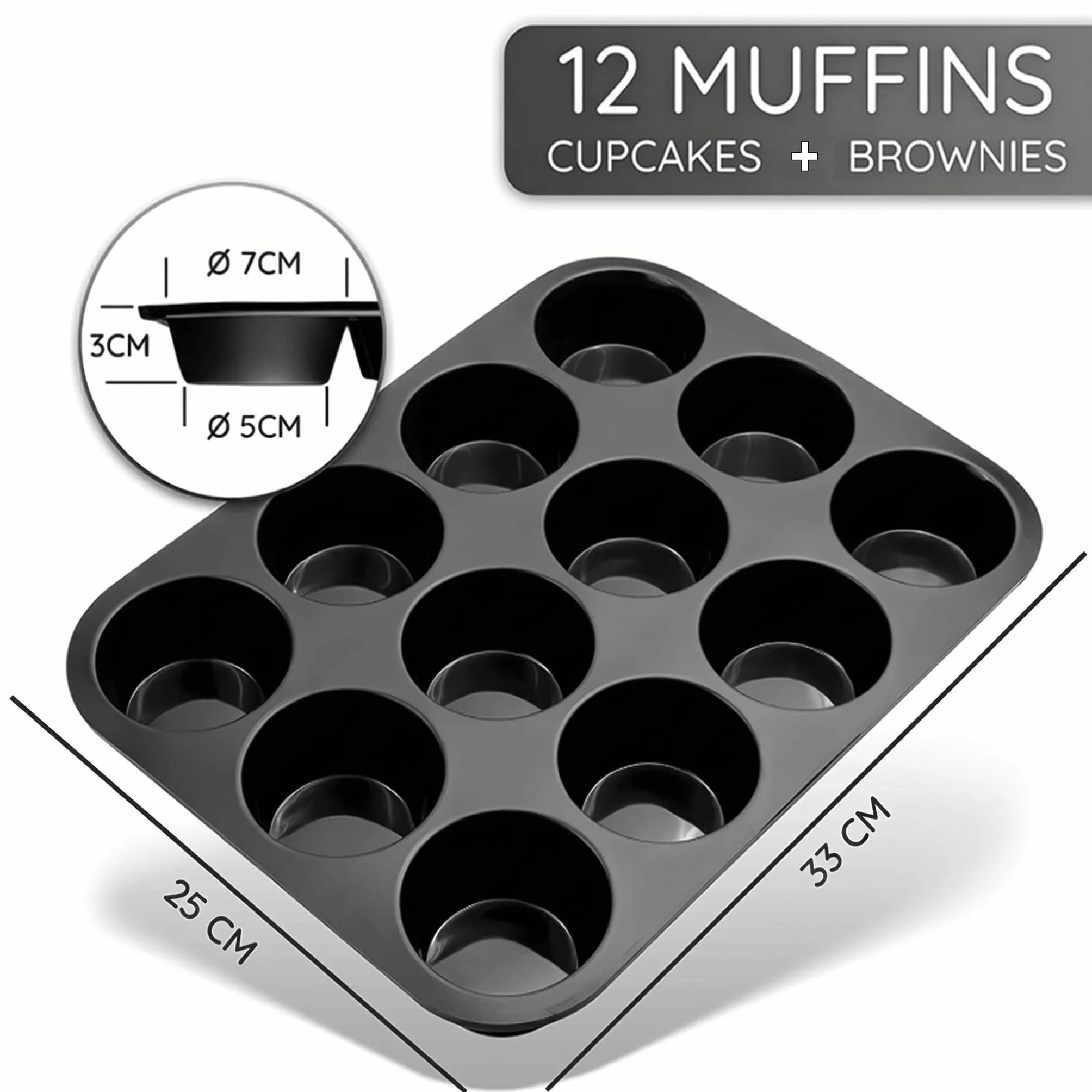 Silikonowa Forma do Muffinów na 12 Muffinów | Nieprzywierająca, Babeczki, Brownies, Ciasta, Pudding | Forma do Muffinów | Czarna