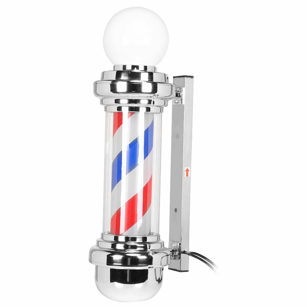 Barber Shop Pole (26,8 cala) czerwony biały niebieski obracające się światło LED tabliczka do salonu fryzjerskiego galwanizacja tworzyw sztucznych/stali nierdzewnej (220 V EU)