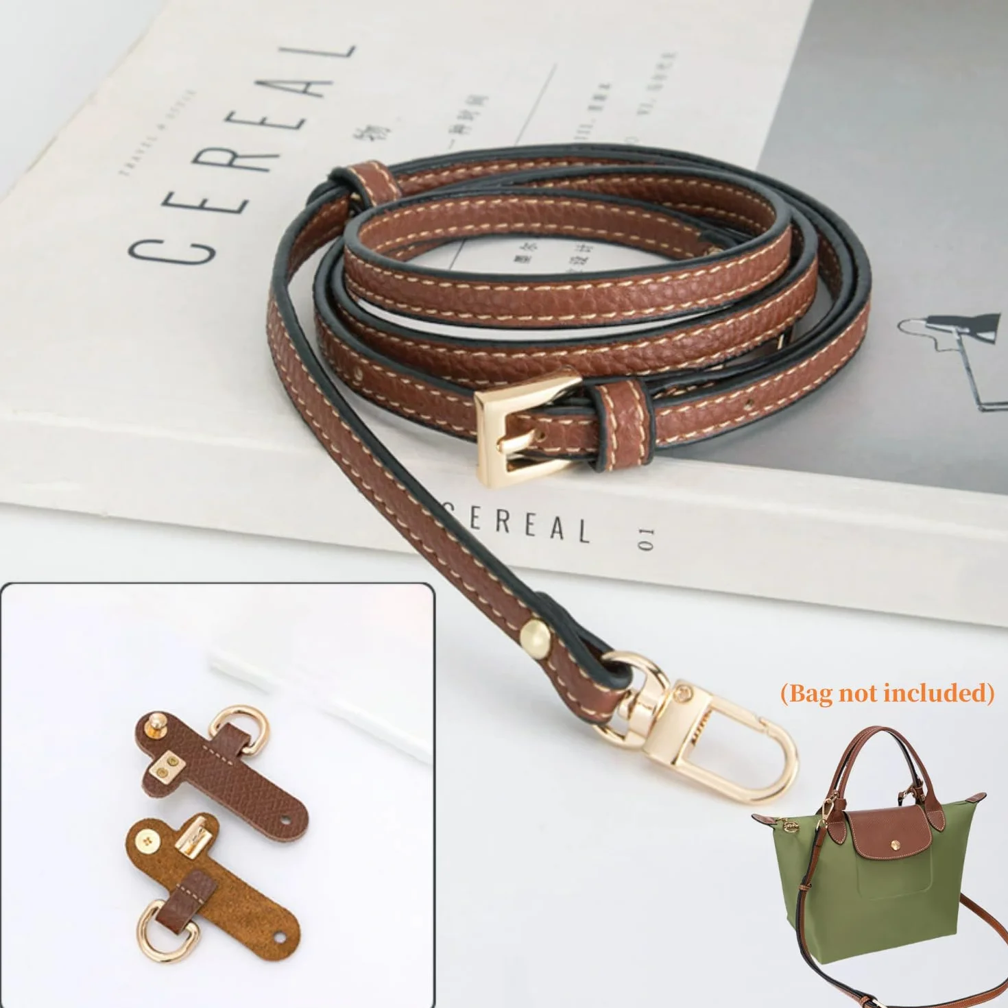 Skórzany pasek na ramię do torebki Longchamp, pasek na ramię do Longchamp, brązowy, mini Bag Straps z 2 adapterami na ramię, zapasowy pasek ze skóry (1,2 cm), żółto-brązowy