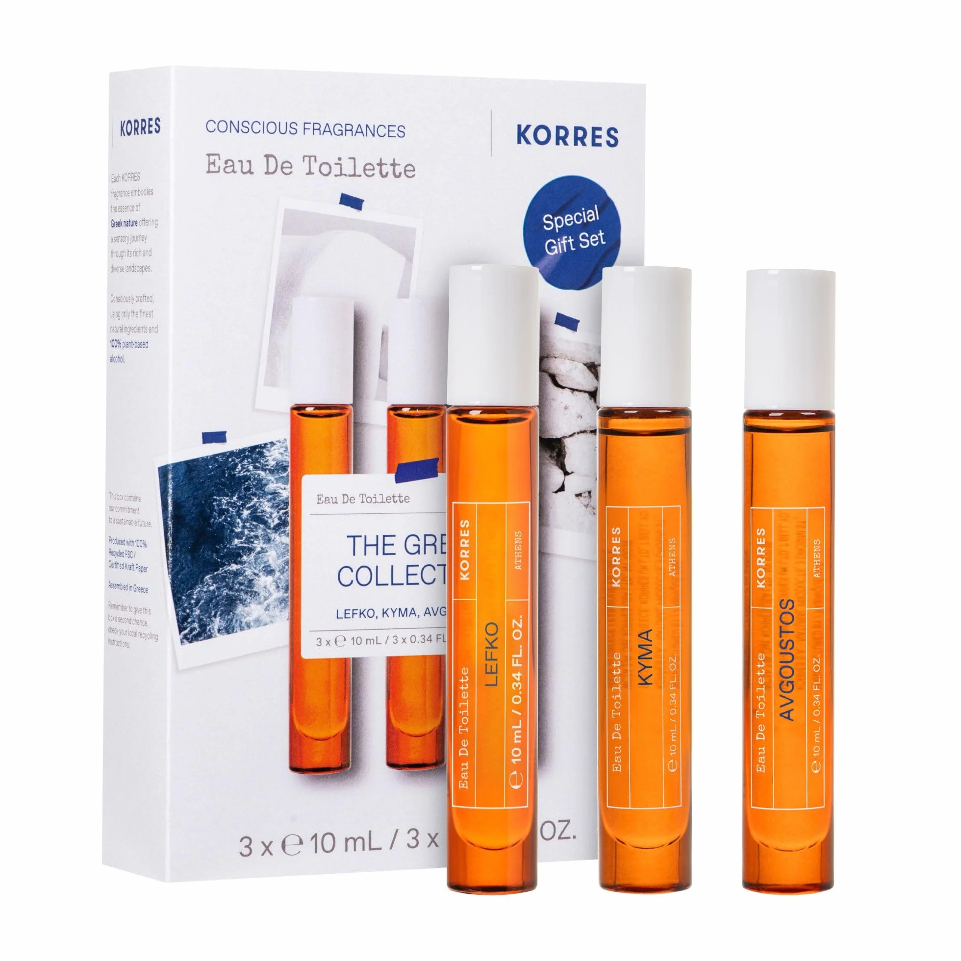 KORRES GREEK SCENTS Eau de Toilettes zestaw podróżny, uniseks, grecki zestaw zapachowy z Kyma, Lefko i Avgoustos, rozmiar podróżny, wegański, 3 x 10 ml