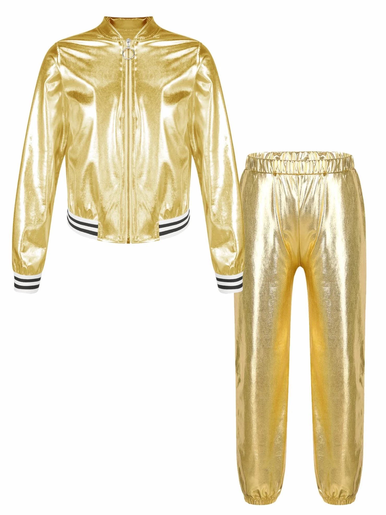 TiaoBug Dziecięcy dres treningowy w stylu retro w stylu lat 80., metaliczny strój do joggingu, kurtka i spodnie, disco, jazz, do tańca, zestaw strojów