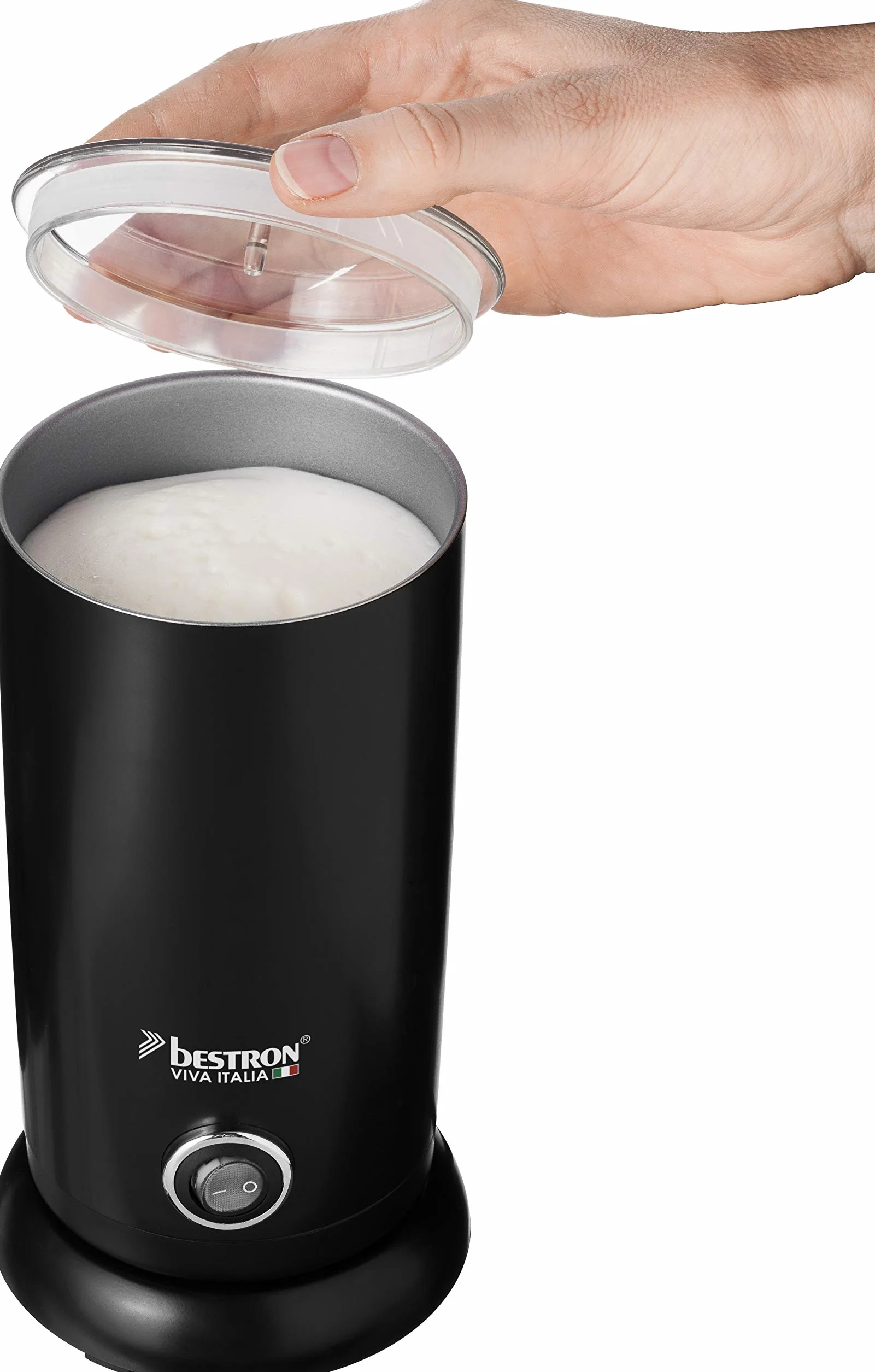 Bestron Viva Italia elektryczny spieniacz do mleka, podstawa 360° i pojemność do 300 ml, bezprzewodowy, 550 W, kolor: czarny