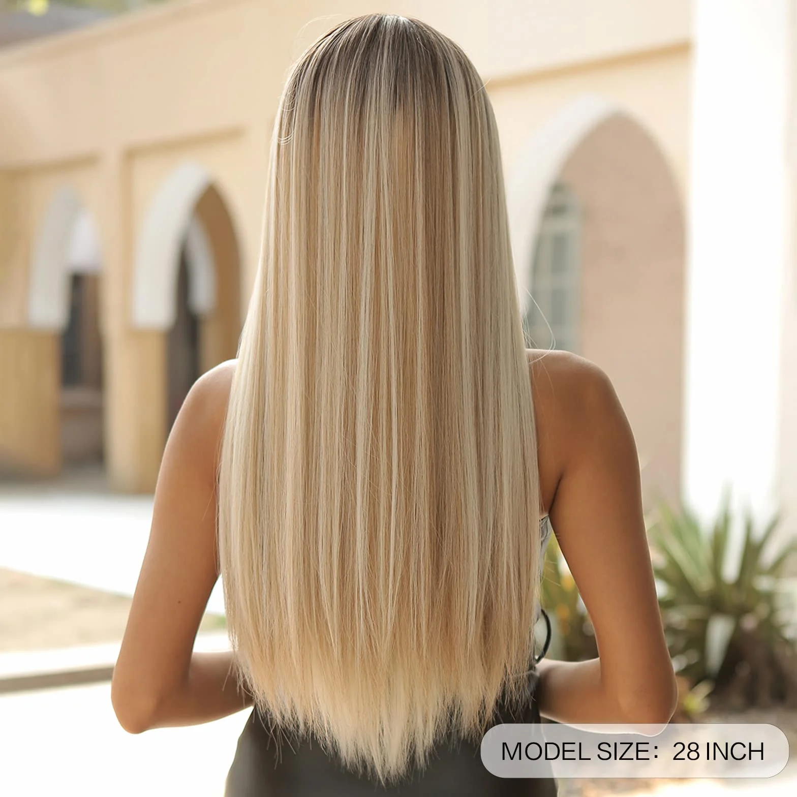 Allbell Długie proste blond peruki dla kobiet, naturalnie wyglądające peruki z grzywką, blond, syntetyczne zamienniki włosów z ciemnymi korzeniami…