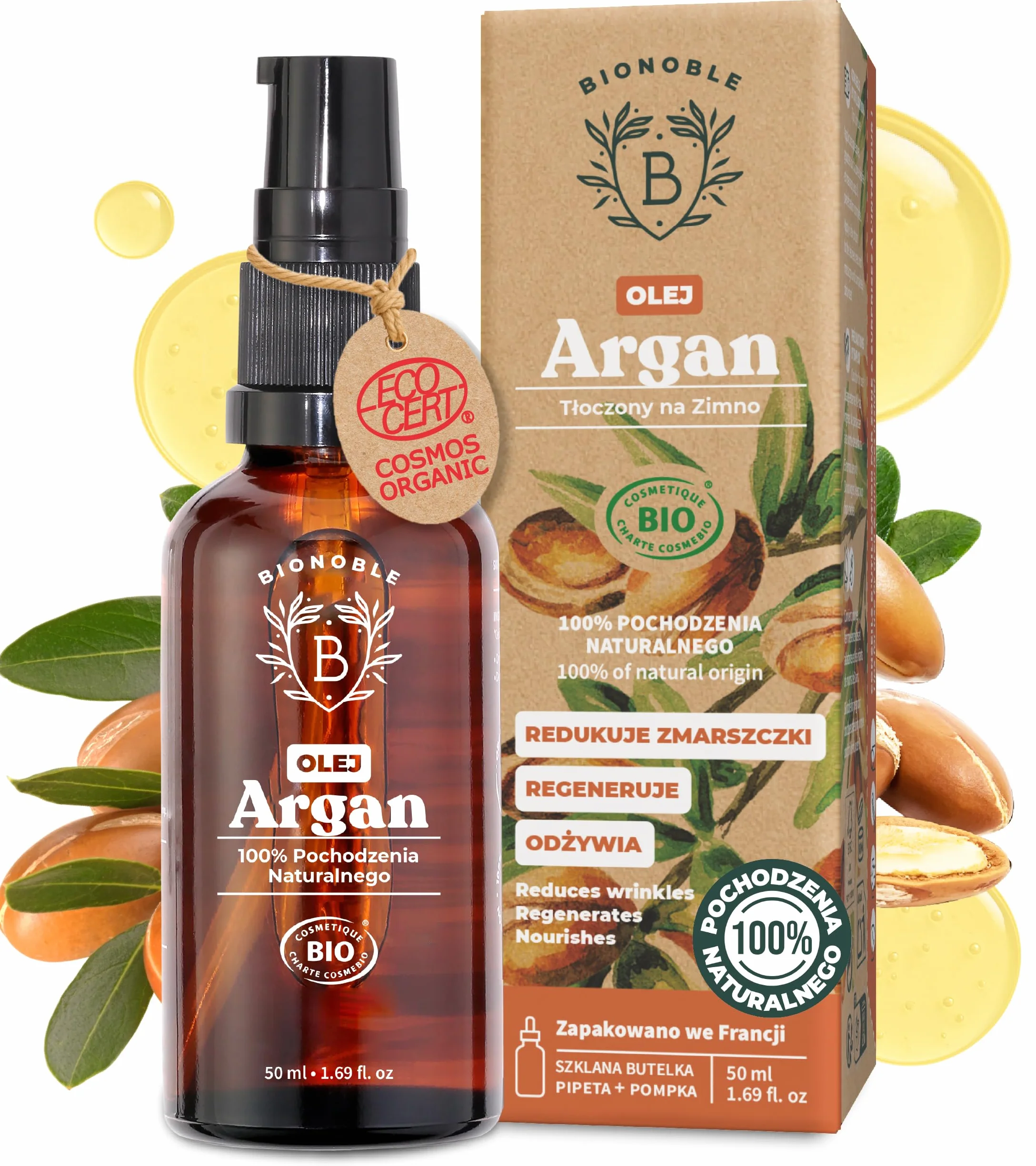 BIONOBLE Organiczny Olej Arganowy - Tłoczony na Zimno w Maroku, 100% Czysty, Bez Heksanu - Regeneruje, Przeciwstarzeniowy - Olej Arganowy do Włosów, Twarzy - Szklana Butelka, Pipetą, Pompką - 50ml
