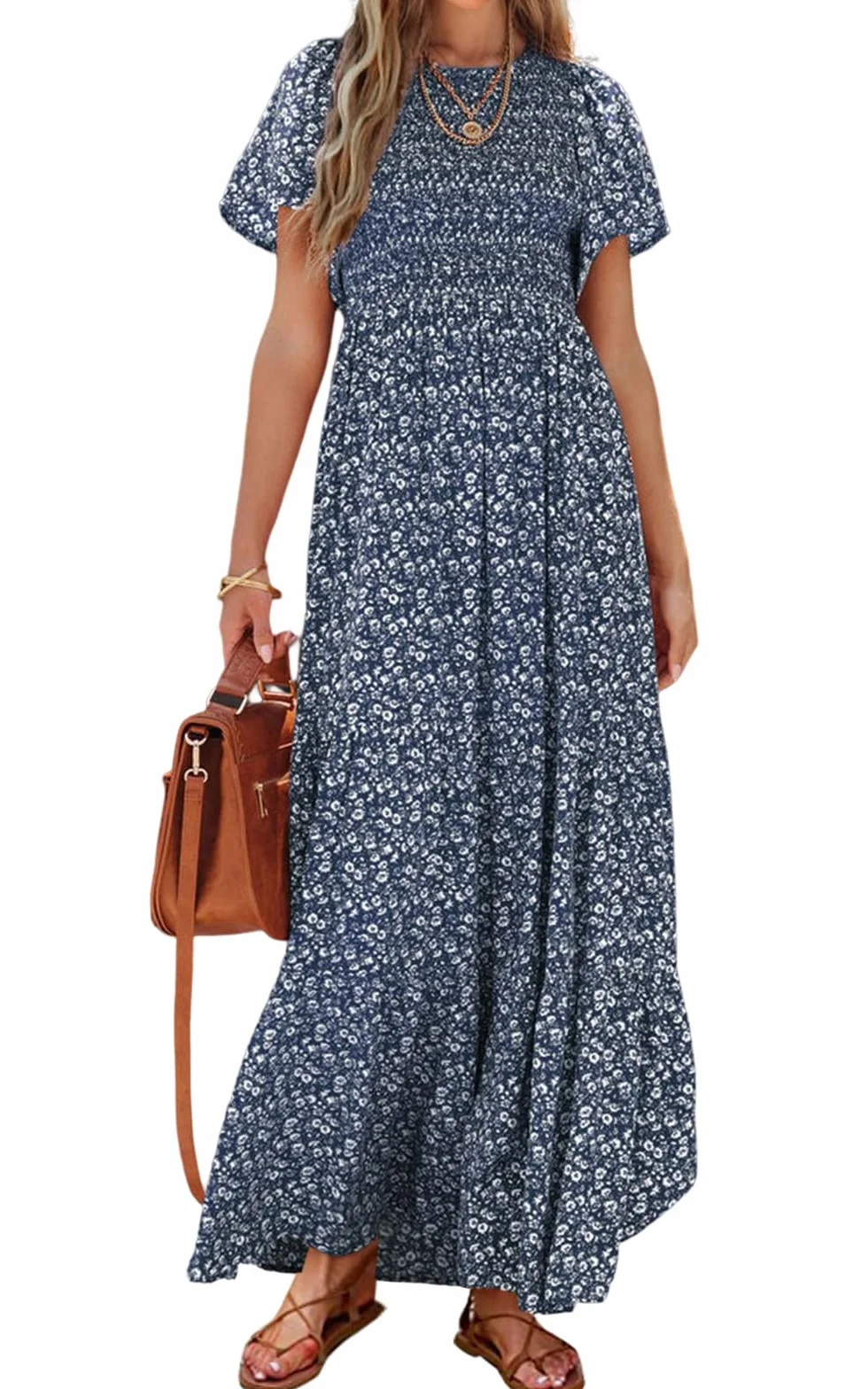 PRETTYGARDEN Women's 2025 Summer Round Neck Short Flutter Sleeve Smocked Ruffle Floral Maxi Dress Flowy Tiered Boho Dress (Navy,Medium)