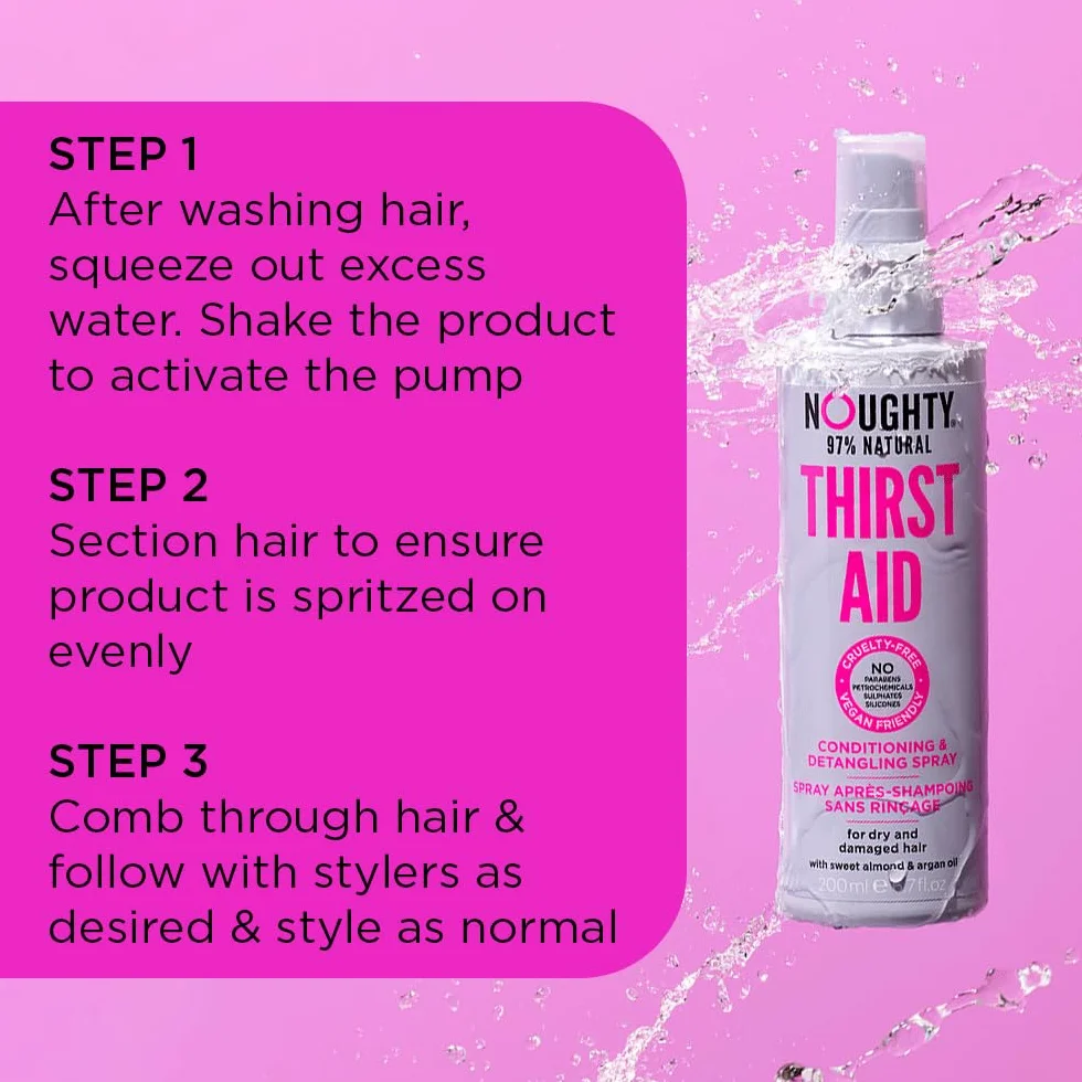 Noughty 97% Natural Thirst Aid Conditioning and Detangling Spray, Leave In Hair Detangler Treatment for Dry and Damaged Hair, with Sweet Almond and Argan Oil, Sulphate Free Vegan Haircare 200ml