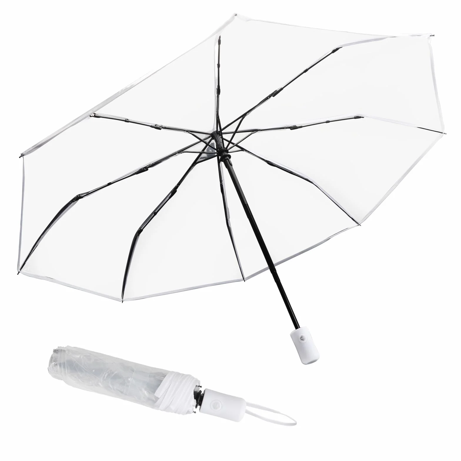 VOSSOT Automatyczny składany przezroczysty parasol - elegancka biała parasolka kompaktowa, na wesele i na co dzień, lekki, wiatroszczelny parasol dla kobiet i mężczyzn, zdjęcie w podróży