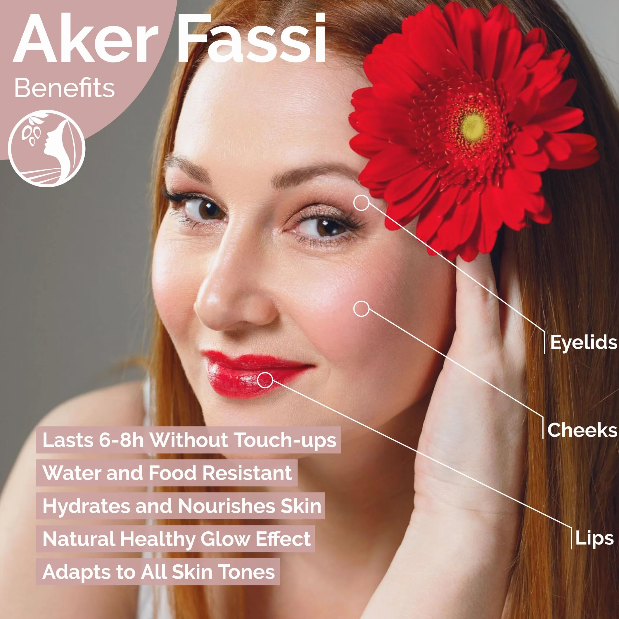 Fatima's Garden Naturalny Proszek Aker Fassi ze Skórką Granatu - Tradycyjna Marokańska Barwa do Ust i Policzków 50g