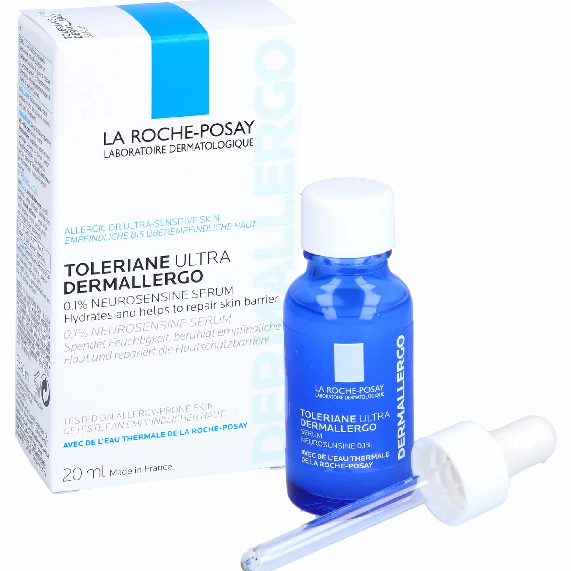 La Roche-Posay Toleriane Ultra Dermallergic, Serum kojące do twarzy i oczu, odpowiednie dla skóry alergicznej, łagodne i regenerujące, formuła z neurosenyną, osmolitem i wodą termalną, 20 ml