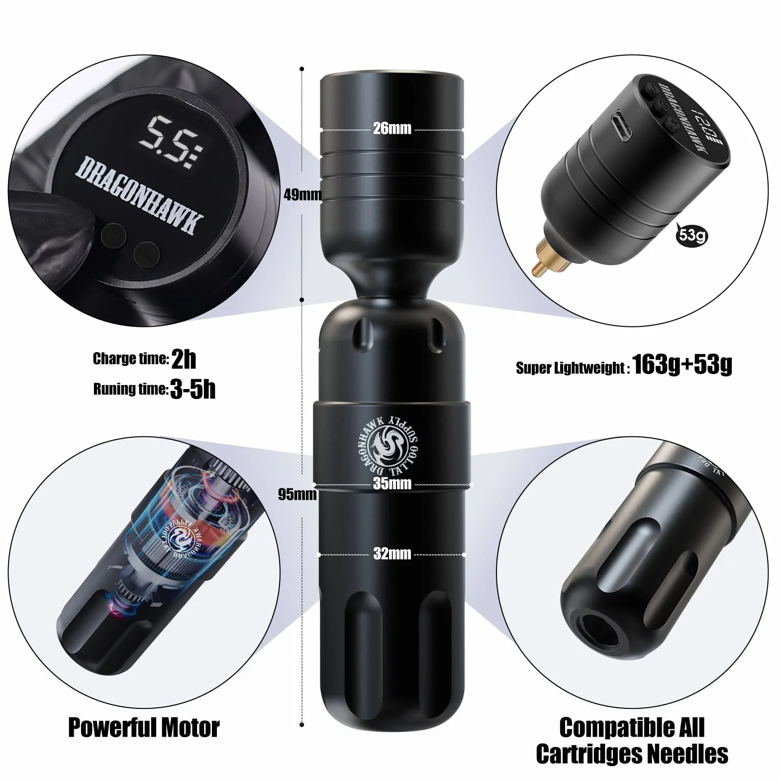 Dragonhawk S8 Tattoo Kit Wireless Battery Pen Machine Set Rotary Tattoo Motor Pen with Cartridges