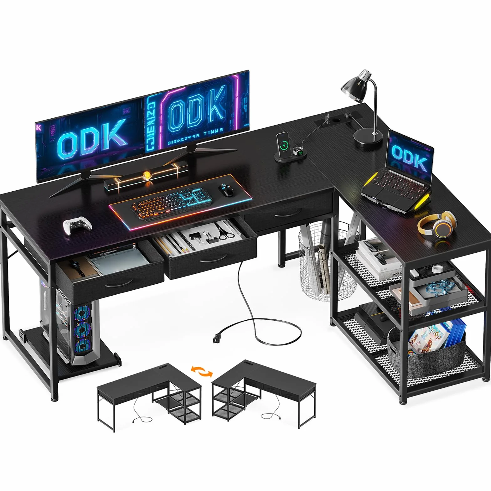 ODK Narożne biurko z USB i szufladami (czarne, 155 x 110 cm)