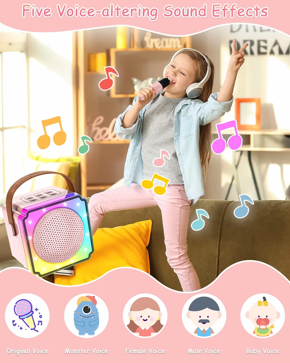 Maszyna do karaoke dla dzieci z 2 mikrofonami do karaoke dla dzieci, przenośna maszyna do karaoke z oświetleniem LED i efektami zmiany mowy, prezent dla dzieci w wieku 5-12 lat, dla chłopców