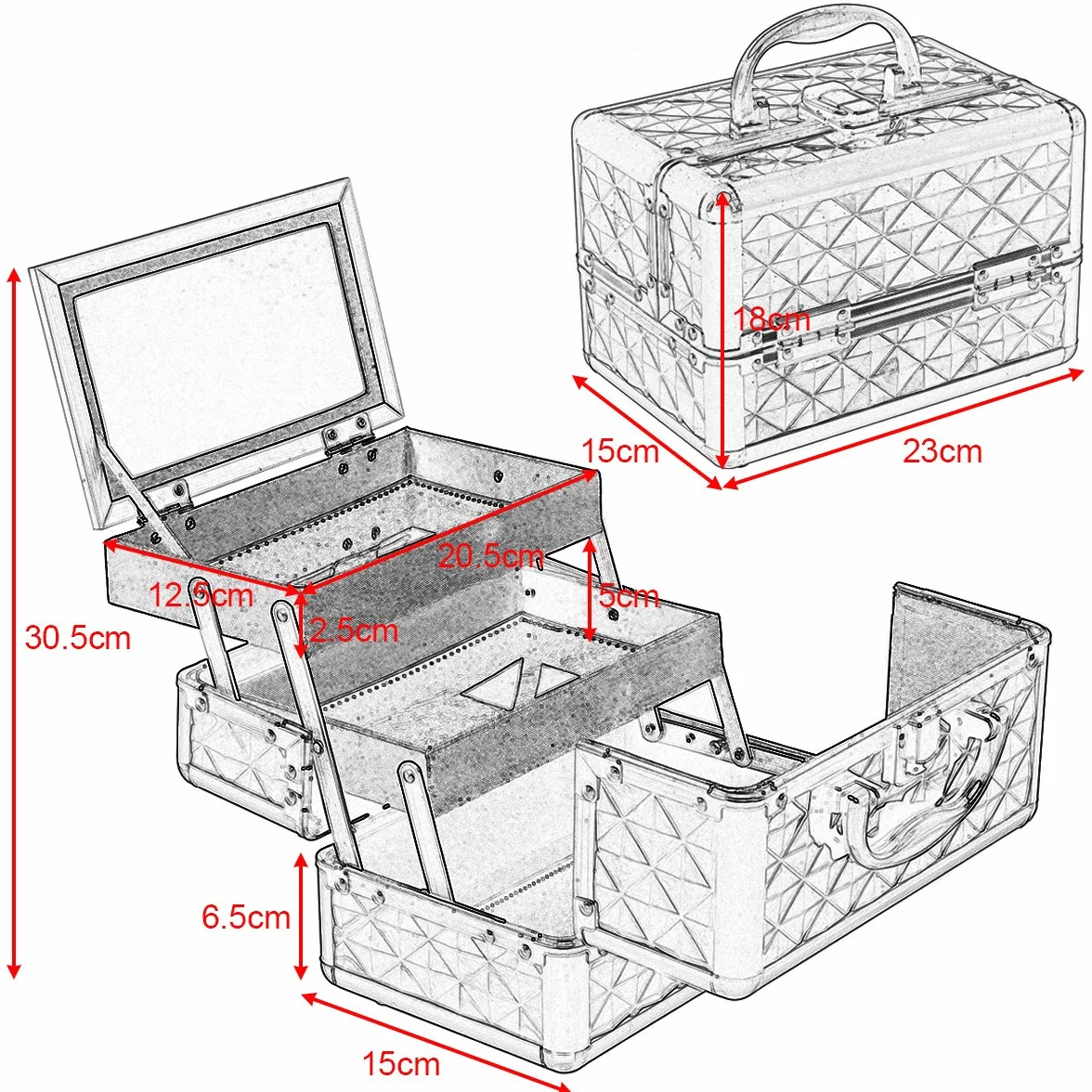 COSTWAY kuferek kosmetyczny Beauty Case, kuferek na biżuterię, walizka fryzjerska z lustrem, srebro, 23 x 15 x 18cm