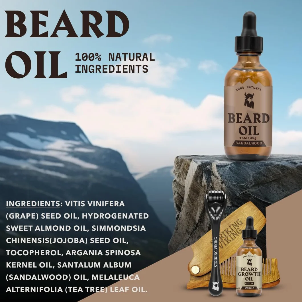Striking Viking Męski olejek do brody i balsam - zestaw do wzrostu brody - balsam i odżywka wzbogacona olejem arganowym i jojoba - zapach drzewa sandałowego