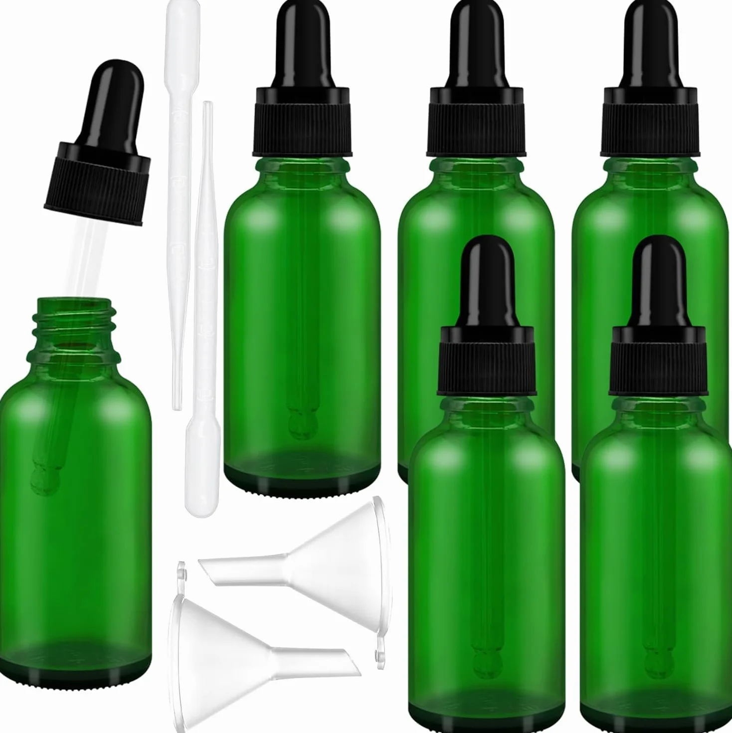 AMJKEJI Butelki z pipetą 30 ml, butelka z lejkiem do pipety, butelka perfum z zakraplaczem, szklany zakraplacz do olejków eterycznych, perfum, aromaterapia, zielone, 12 sztuk