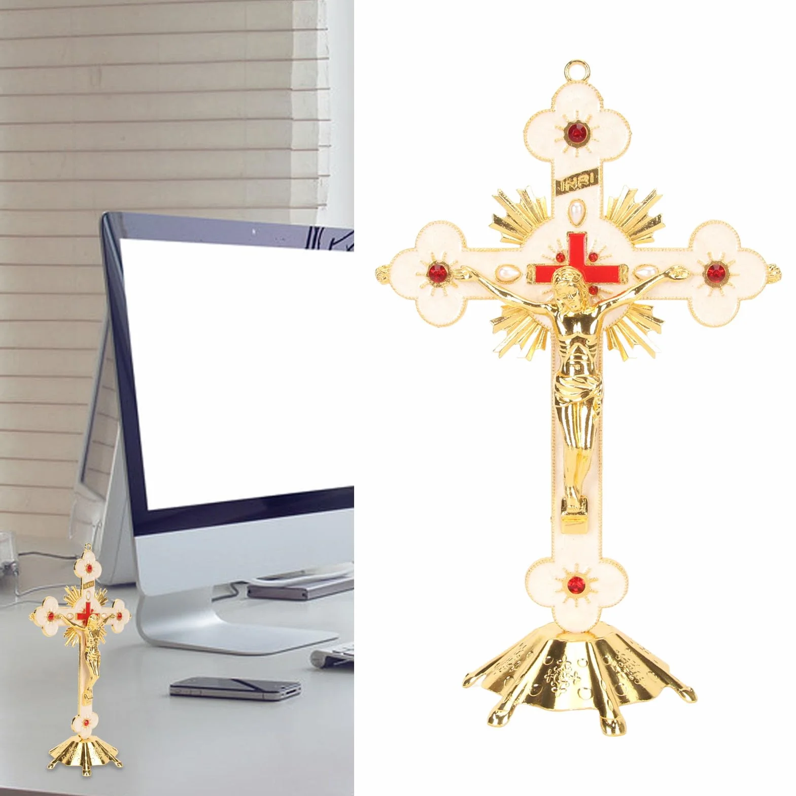 Fockety Stojący Krzyż Znakomity Metalowy Krzyż Stojący Elegancki Retro Retro Krzyż Krzyż Czerwony Rhinestone Dekoracji Z Podstawą Katolicki Krzyż Jezusa Długotrwały