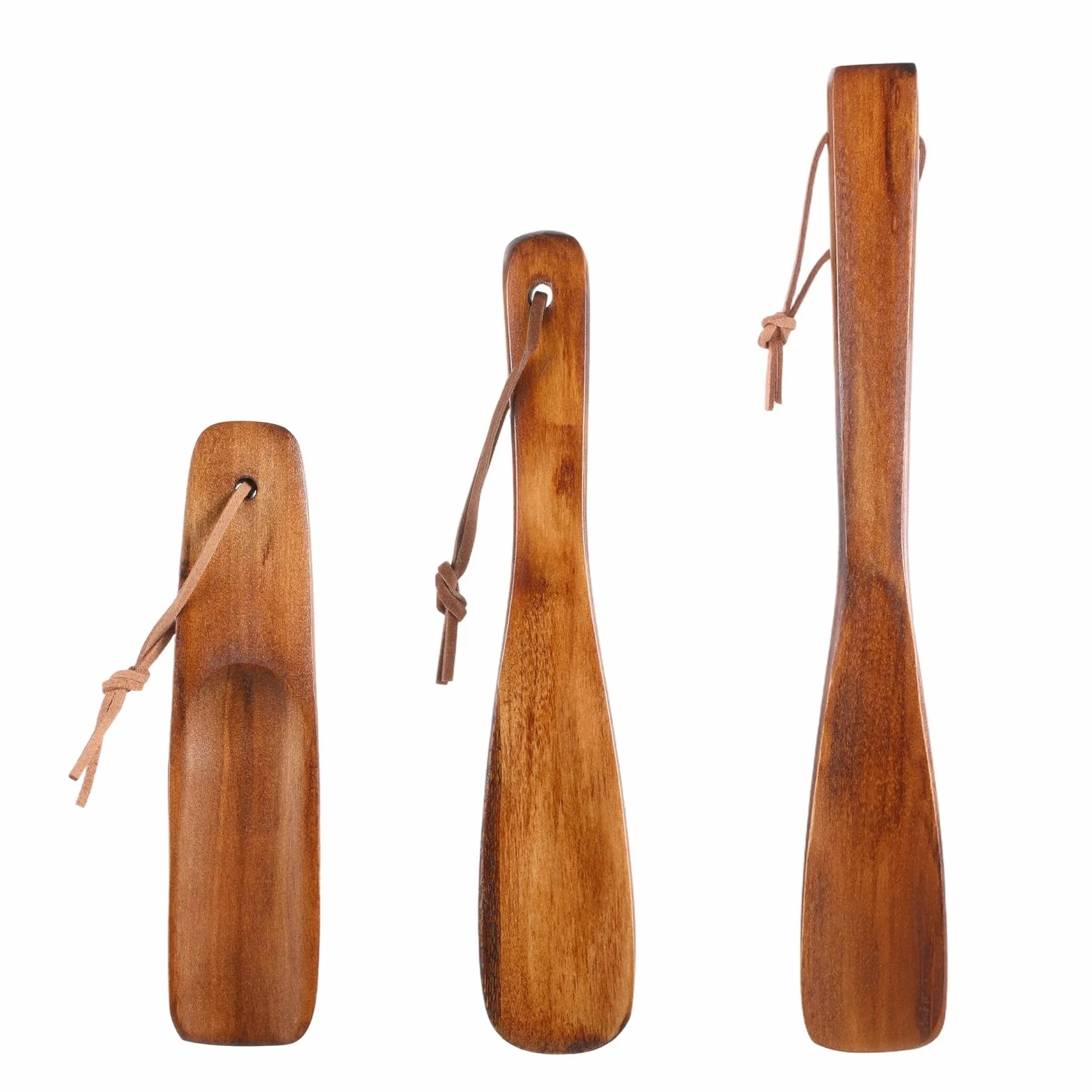 TIESOME Drewniany róg do butów, 15,9 cm, retro drewniany róg do butów ze skórzaną smyczą, łatwy do noszenia, długi i krótki uchwyt, rogi do butów dla seniorów, ciąży, mężczyzn, kobiet, dzieci, 3 szt