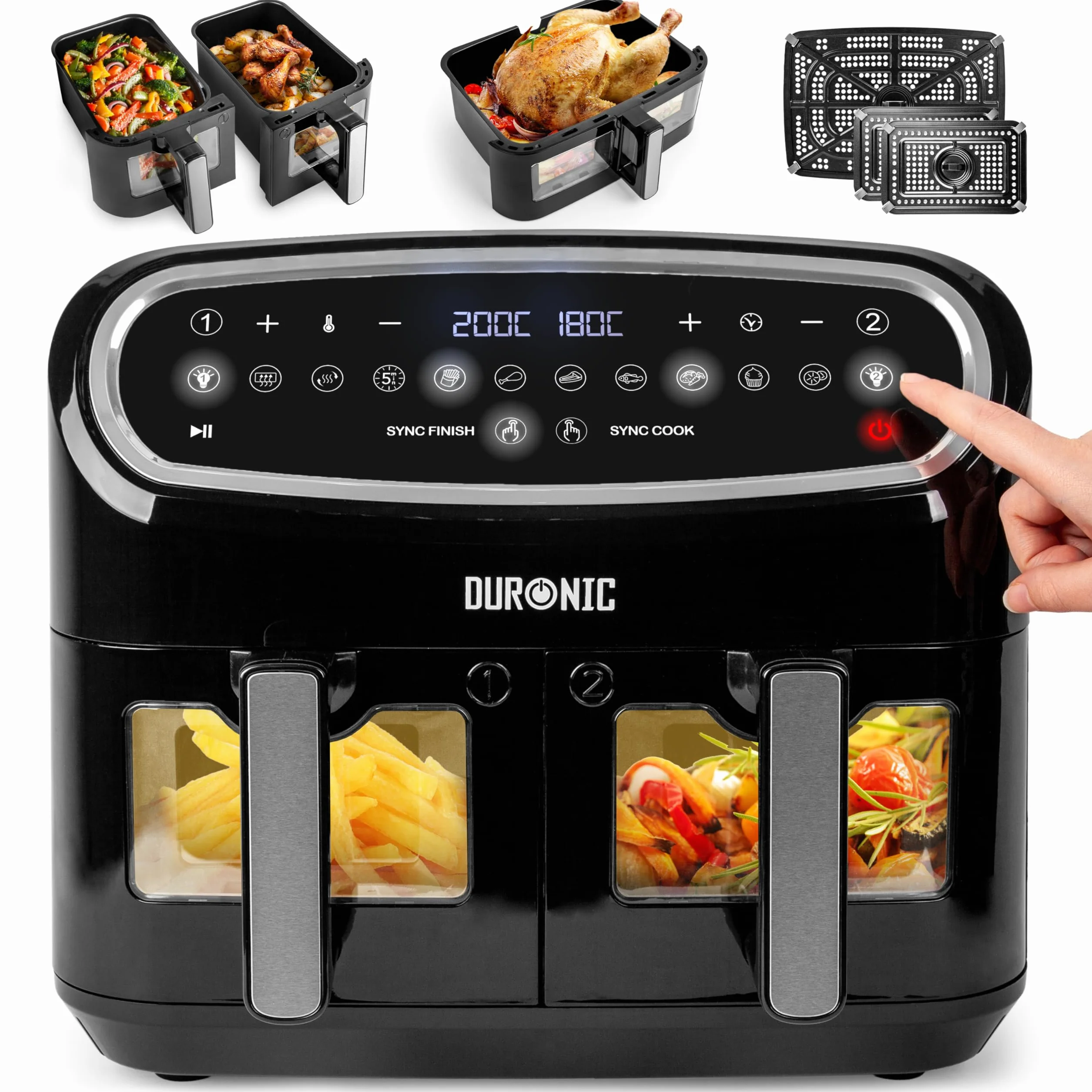 Duronic AF34 BK Frytkownica beztłuszczowa na gorące powietrze | Air fryer XXL z AFD1 duża komora 10l i 2x po 5l dwukomorowa wielofunkcyjna | dual