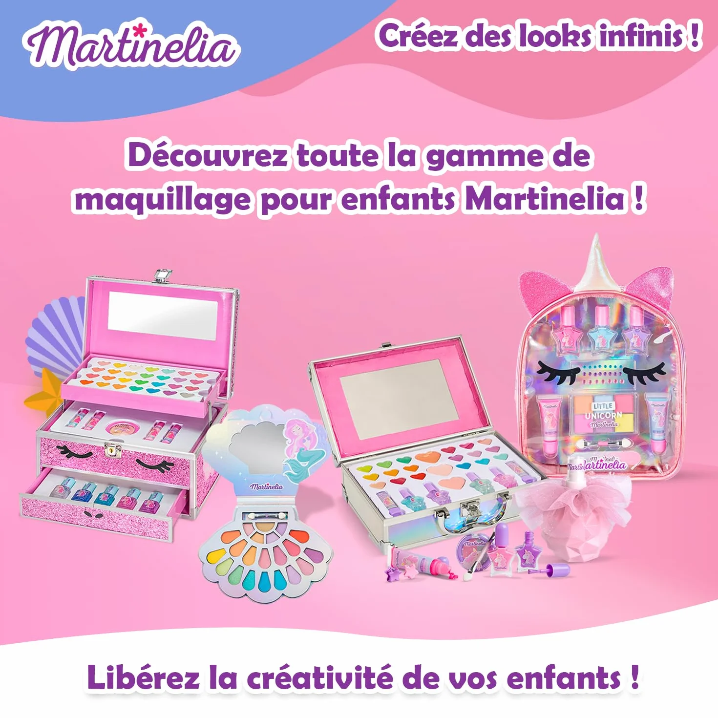 MARTINELIA - Zestaw do manicure z jednorożcem dla dzieci - zestaw do paznokci - 3 różowe, niebieskie i fioletowe lakiery do paznokci + 1 pilnik i dekoracje do paznokci - lakier wodny od 3 lat -