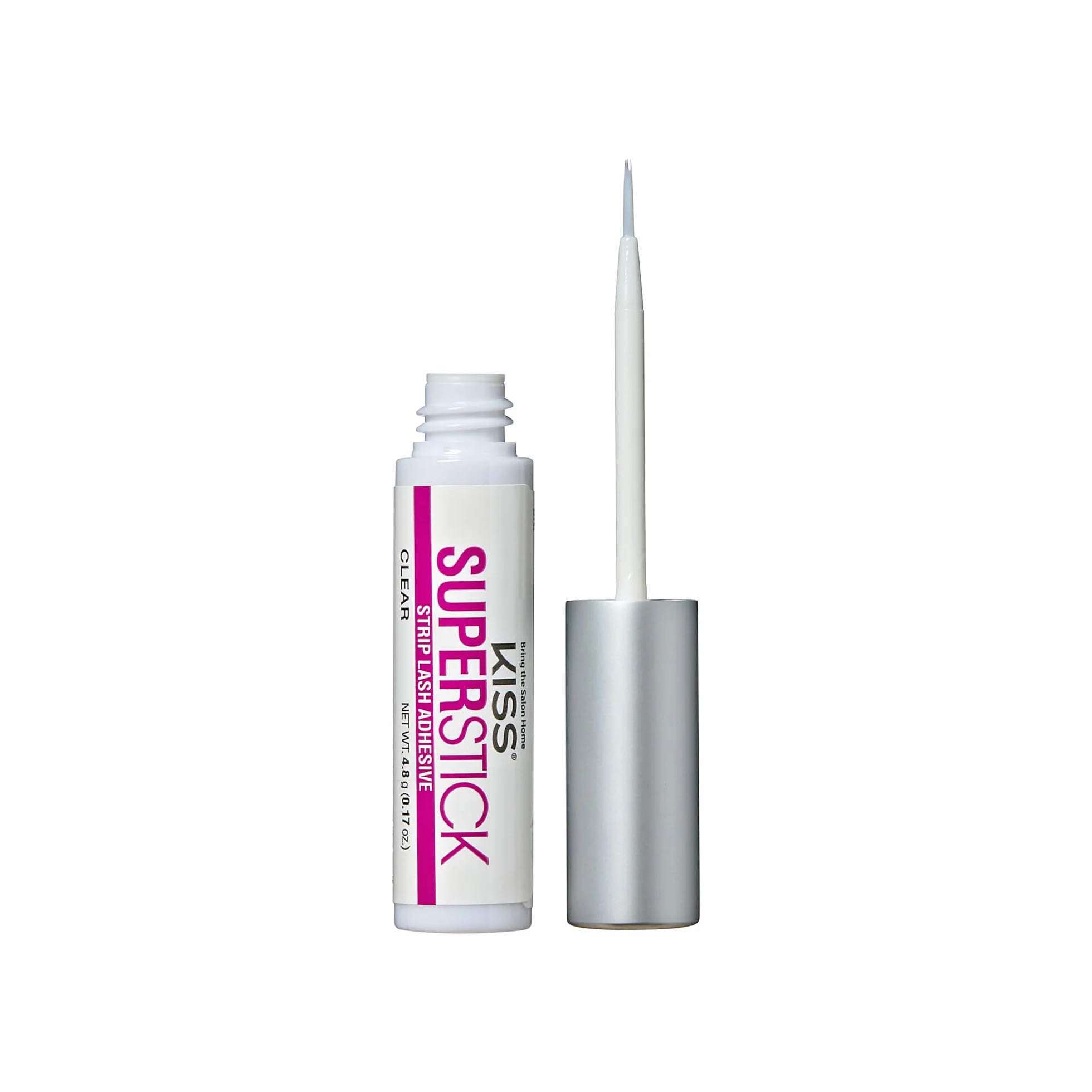 KISS Super Stick klej do rzęs, wydłużony czas noszenia 5 dni, szybkoschnący klej do rzęs, wzbogacony ekstraktem z oczaru wirginijskiego i kaktusa, aplikator pędzla, netto 4,8 g, przezroczysty