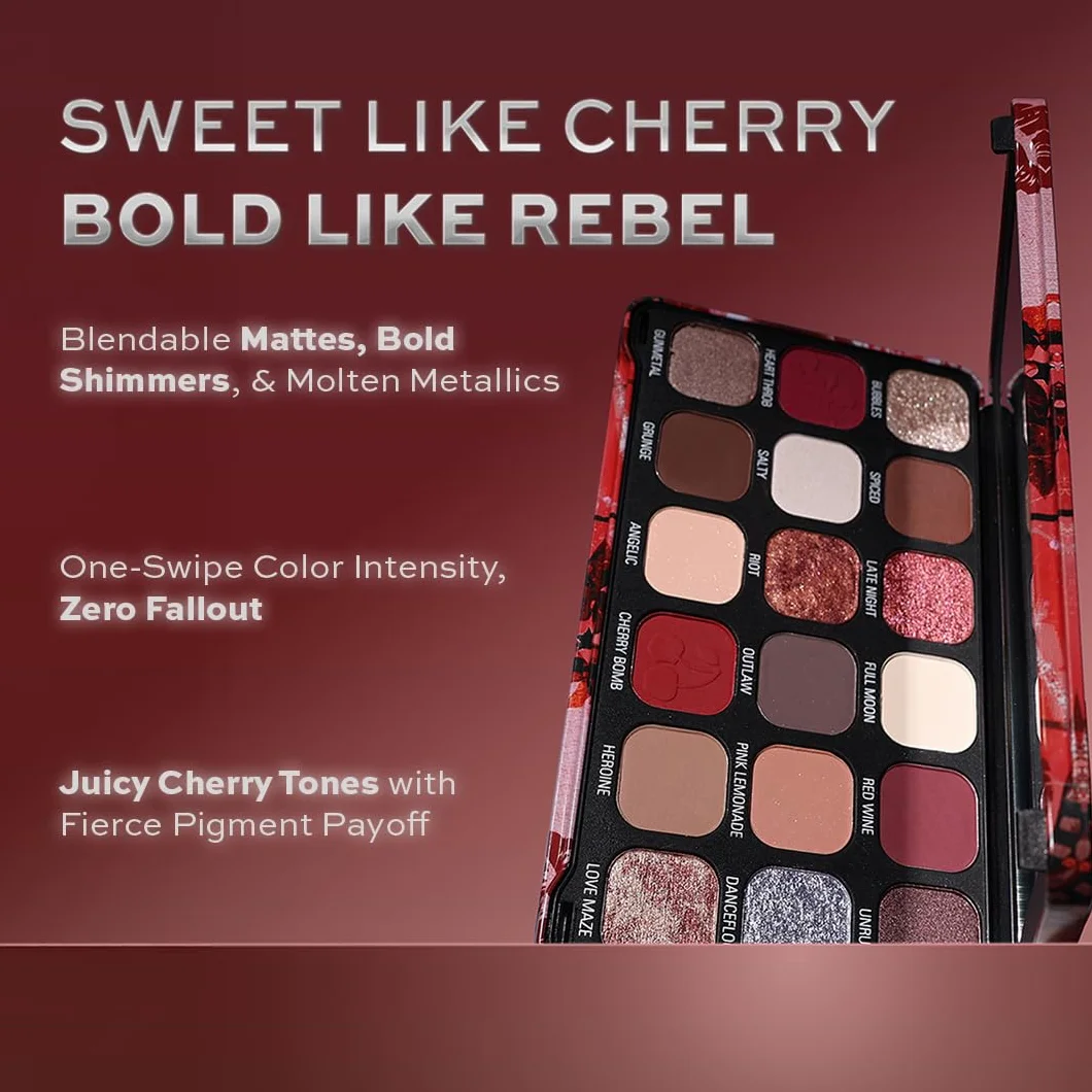 Revolution Beauty Forever Flawless paleta cieni do powiek, 18 pigmentowanych matowych i błyszczących kolorów, wegańskie i nieokrutne, Cherry Rebel