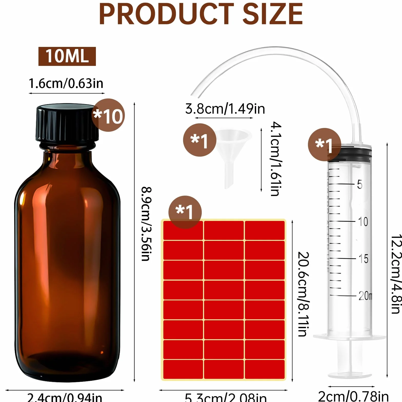 Zorplex Zestaw 10 Butelek z Pipetą 10ml ze Szkła Bursztynowego z Czarną Nakrętką, Wielokrotnego Użytku Flakony na Olejki Eteryczne, Perfumy i Aromaterapię, W Zestawie Strzykawka (10, 10ml)