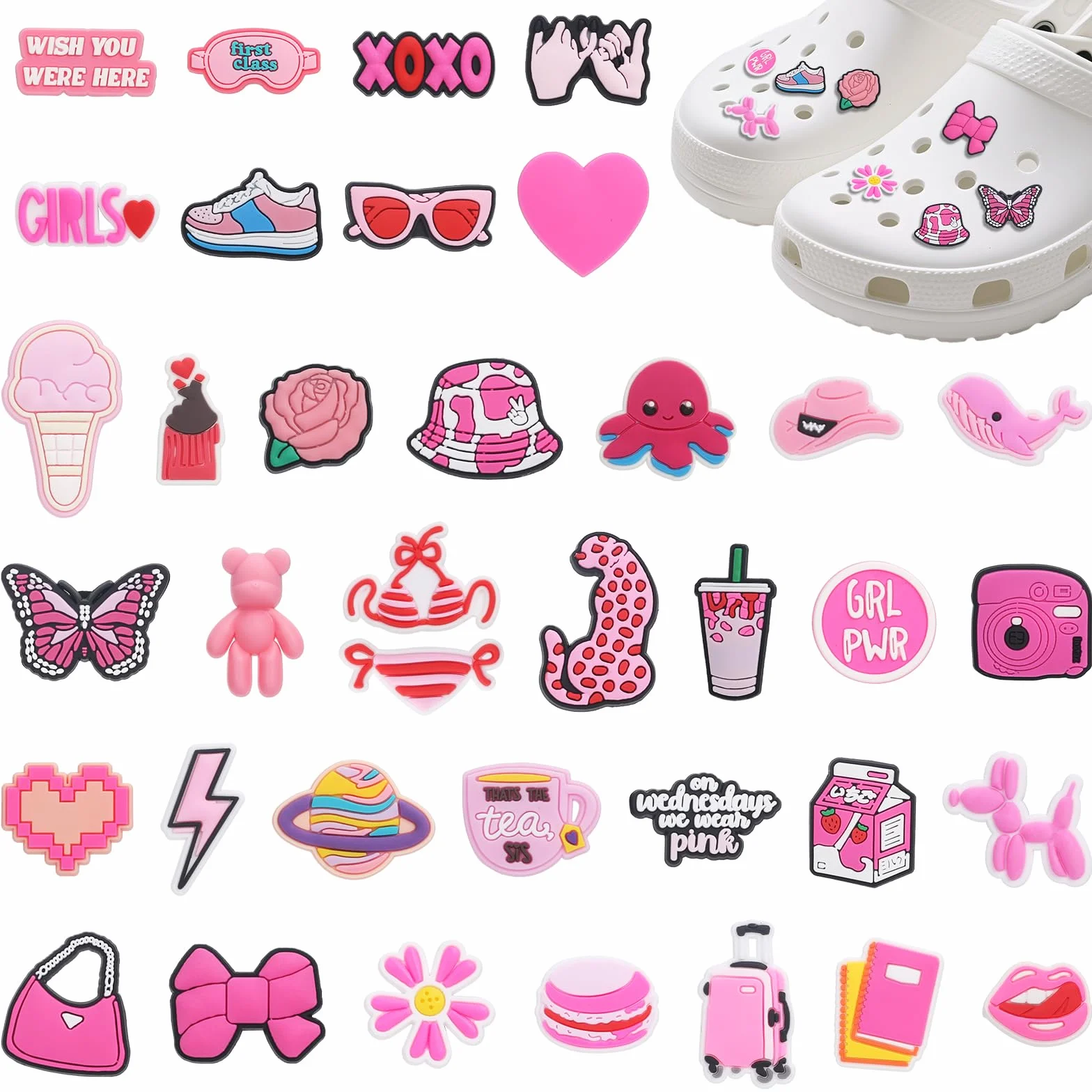 Charms do butów Crocs, przypinka dla dzieci, dziewcząt, kobiet, z kreskówki, biżuteria do butów, przypinki, różowe, akcesoria do butów, naklejki, cute "zrób to sam", zawieszki do akcesoriów