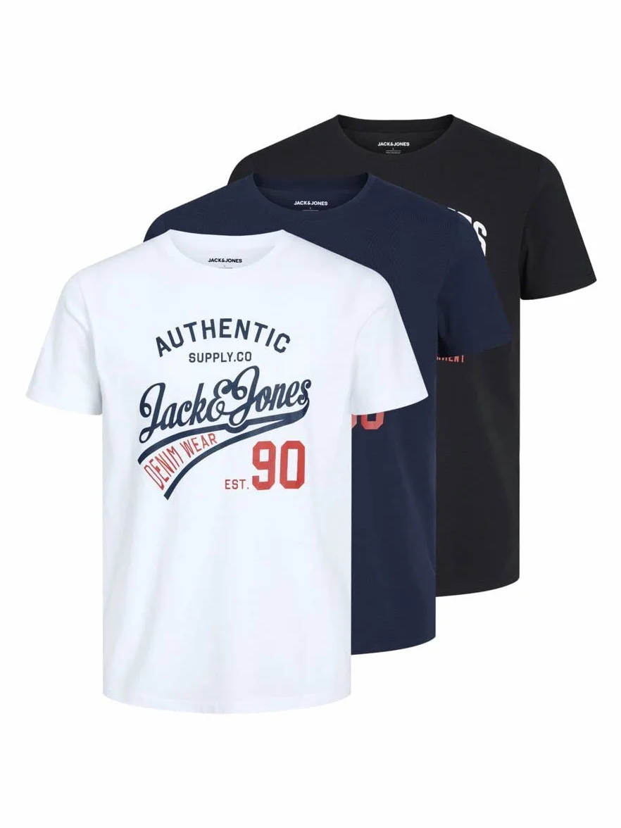 Jack & Jones Mężczyźni Jjethan Tee Ss Crew Neck 3Pk Mp Noos Koszulka, Czarny/Biały/Granatowy, XL