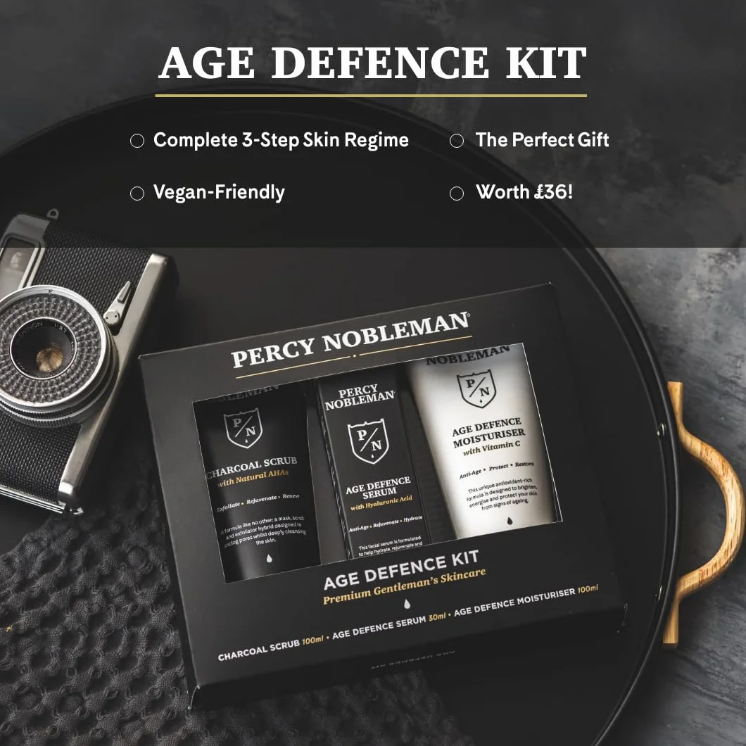 Percy Nobleman Age Defence Kit, zestaw do pielęgnacji skóry dla mężczyzn z węglem drzewnym peeling do twarzy (naturalny AHA), ultranawilżające serum do twarzy (z kwasem hialuronowym) i kremem