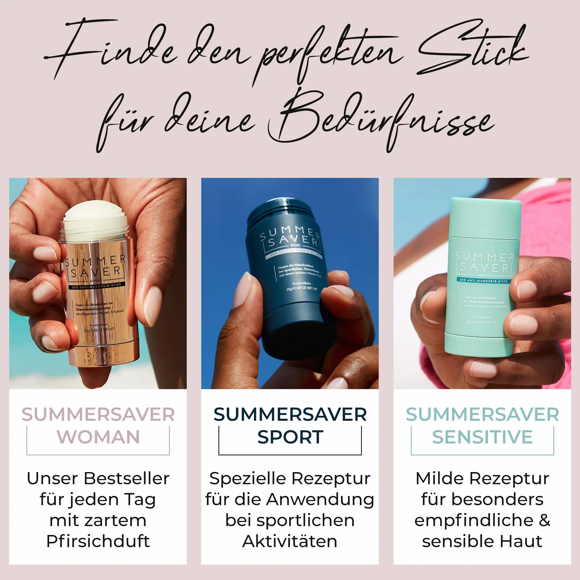 SUMMERSAVER Woman – sztyft przeciw otarciom 25g – do ud, pach i okolic biustonosza – z olejem kokosowym i migdałowym, witaminą E, alantoiną – produkt wegański, przetestowany dermatologicznie