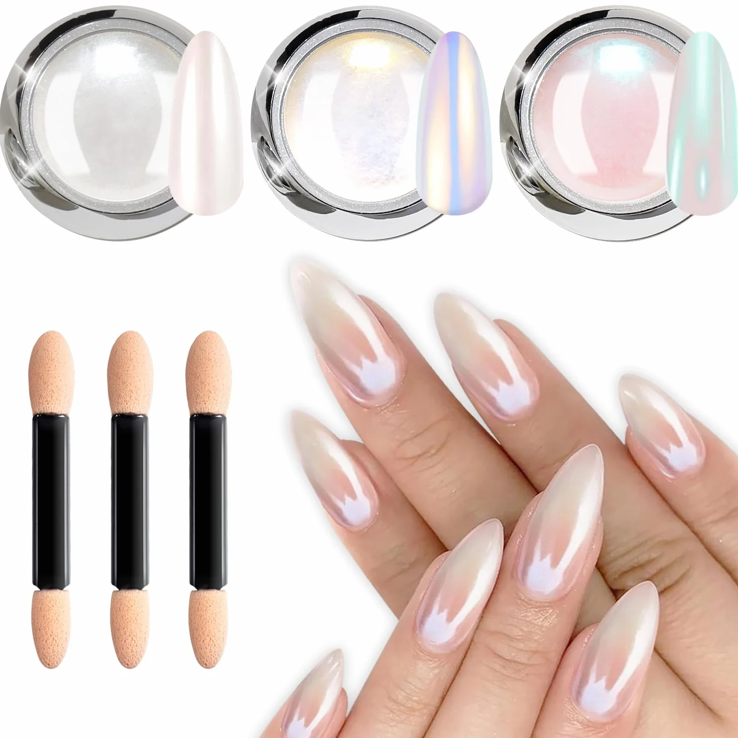 Puder do paznokci Pearl Chrome - 3 szt. Biały chromowy puder do paznokci, Neon Glassy Ice Chrome puder do paznokci, Gładki luksusowy perłowy Aurora Mirror Effect Pigment, DIY Deco Nail Art