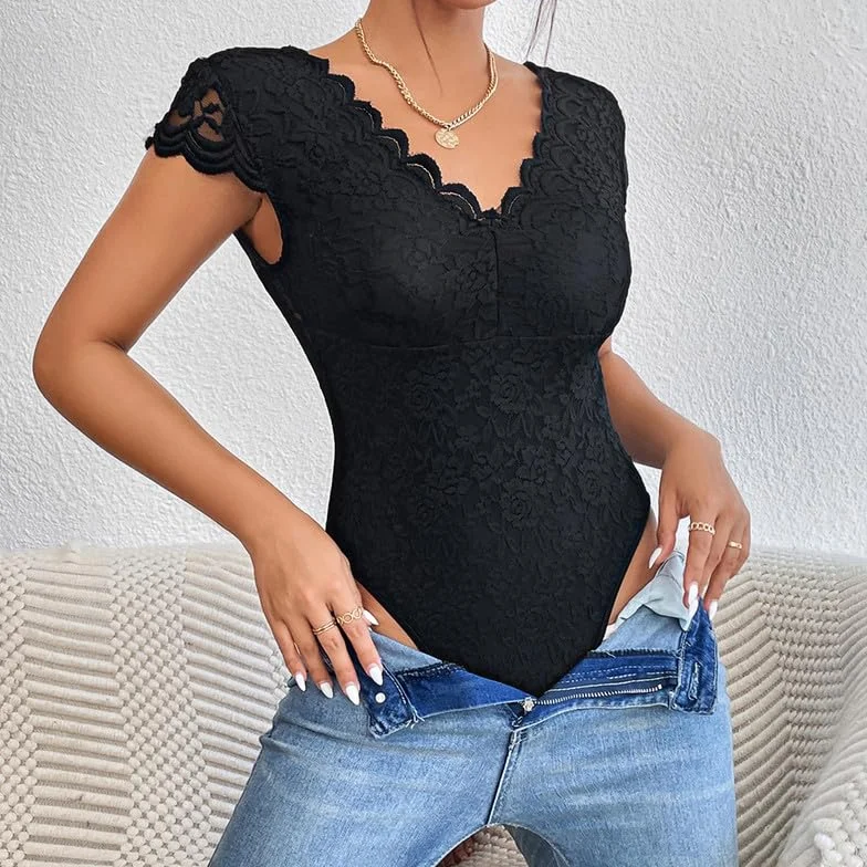 Haibang Seksowne damskie koronkowe body z dekoltem w szpic body kwiatowy top obcisła bluzka z krótkim rękawem bezrękawnik eleganckie koszule Cami Bluzka Clubwear