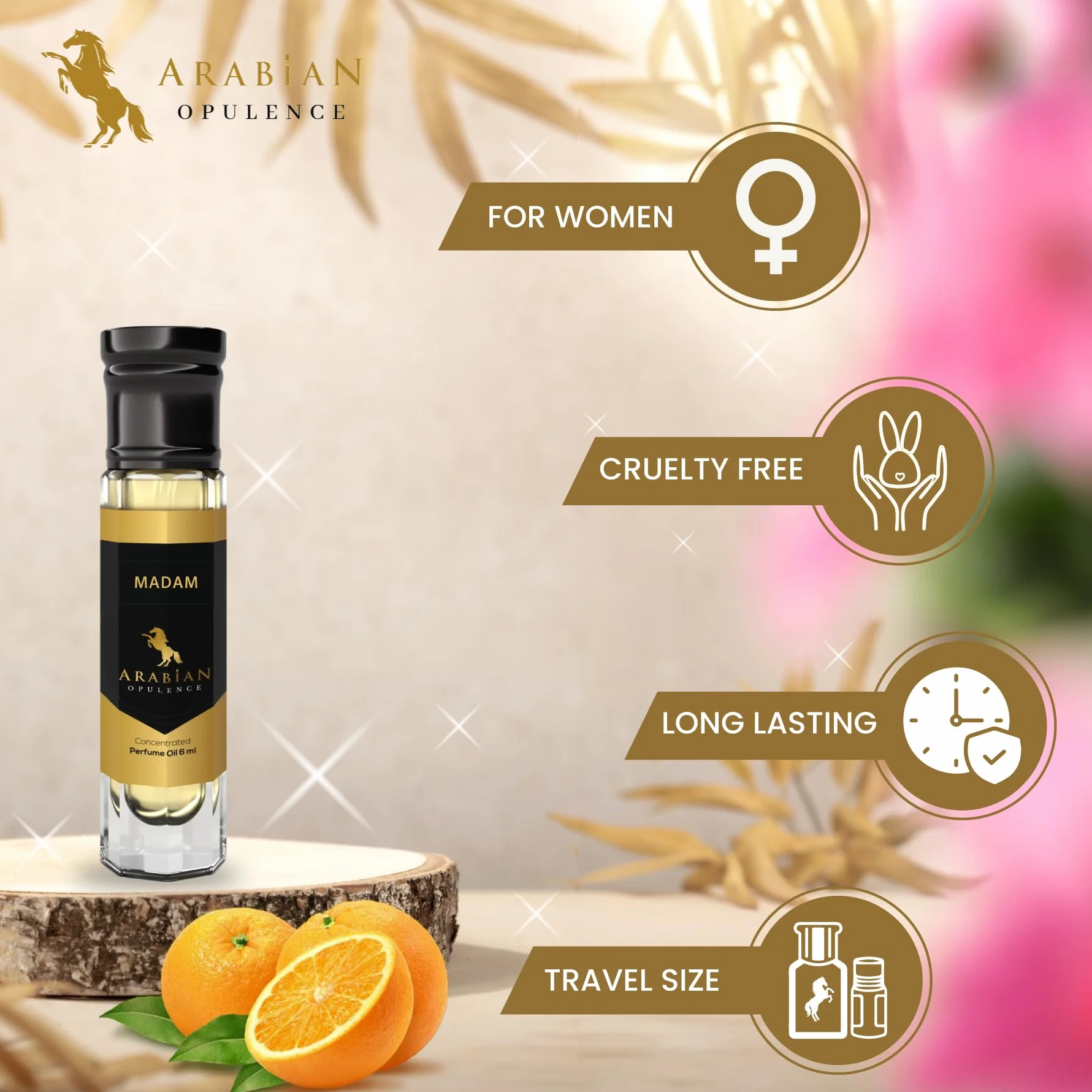 Arabian Opulence FR191 MADAM Roll-on olejek perfumowany, skoncentrowany olejek do ciała, długotrwały perfumy na bazie oleju dla kobiet, rozmiar podróżny, bezalkoholowa miękka butelka na olej