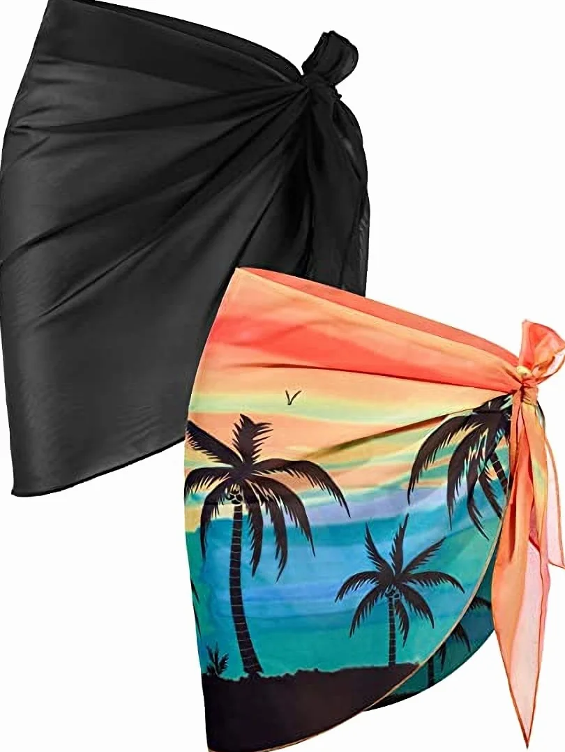 JFAN Damskie Pareo Półprzewodowe etui na plażę Frędzle Wielofunkcyjny Plażowy Wrap Sarong Krótkie Pareo Czarny wzór drzewa kokosowego, Czarny + wzór drzewa kokosowego, rozmiar uniwersalny