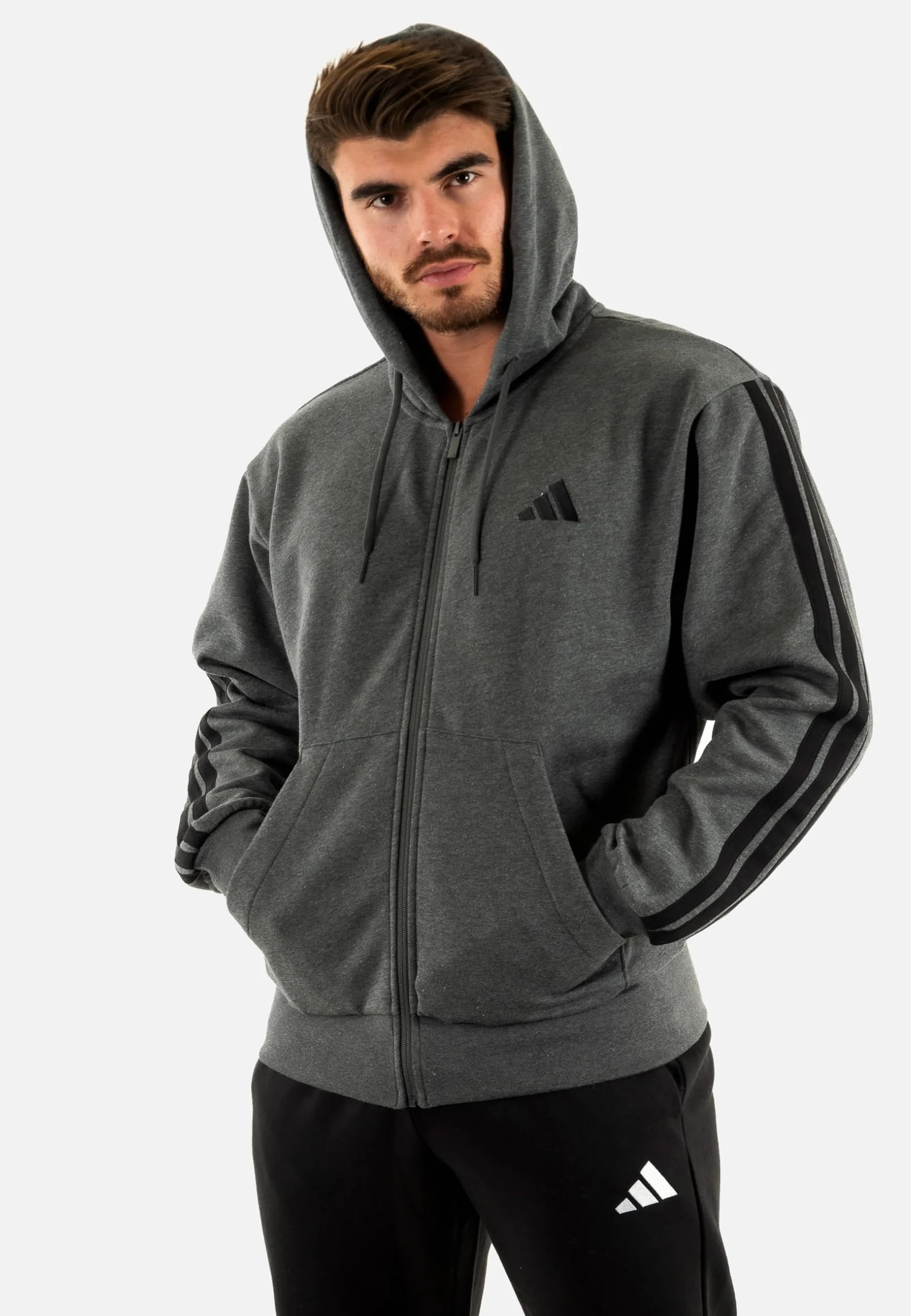 adidas Mezczyzni Essential Three Stripes Fleece Zipper Hoodie Sweatshirt, dark grey heather/black, XL