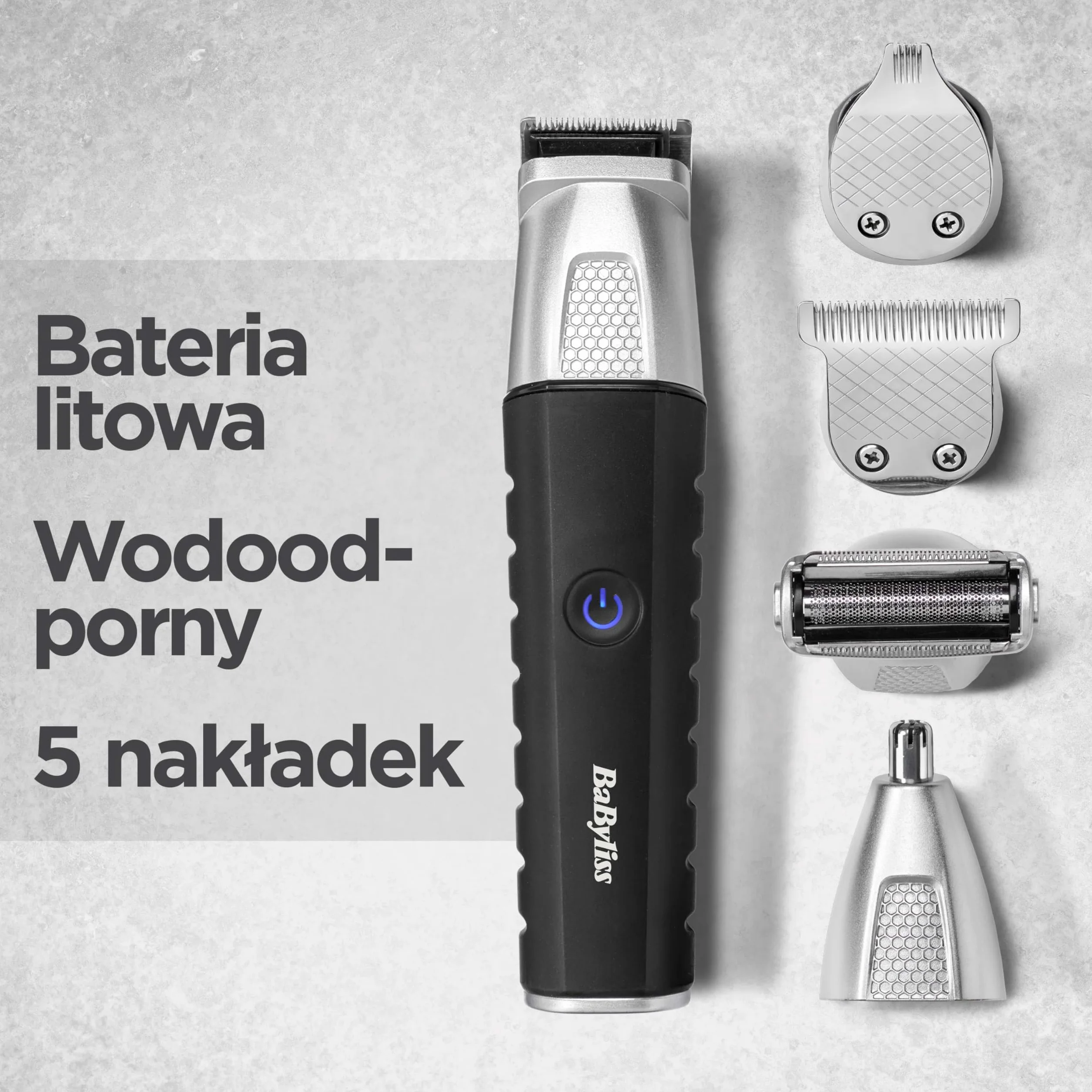 BaByliss Lithium Power 11 w 1 Multi-Trimmer - bezprzewodowy zestaw do pielęgnacji, w tym trymer do brody i trymer do nosa, wodoodporny, prezent dla mężczyzn, czarny/szary, MT812E