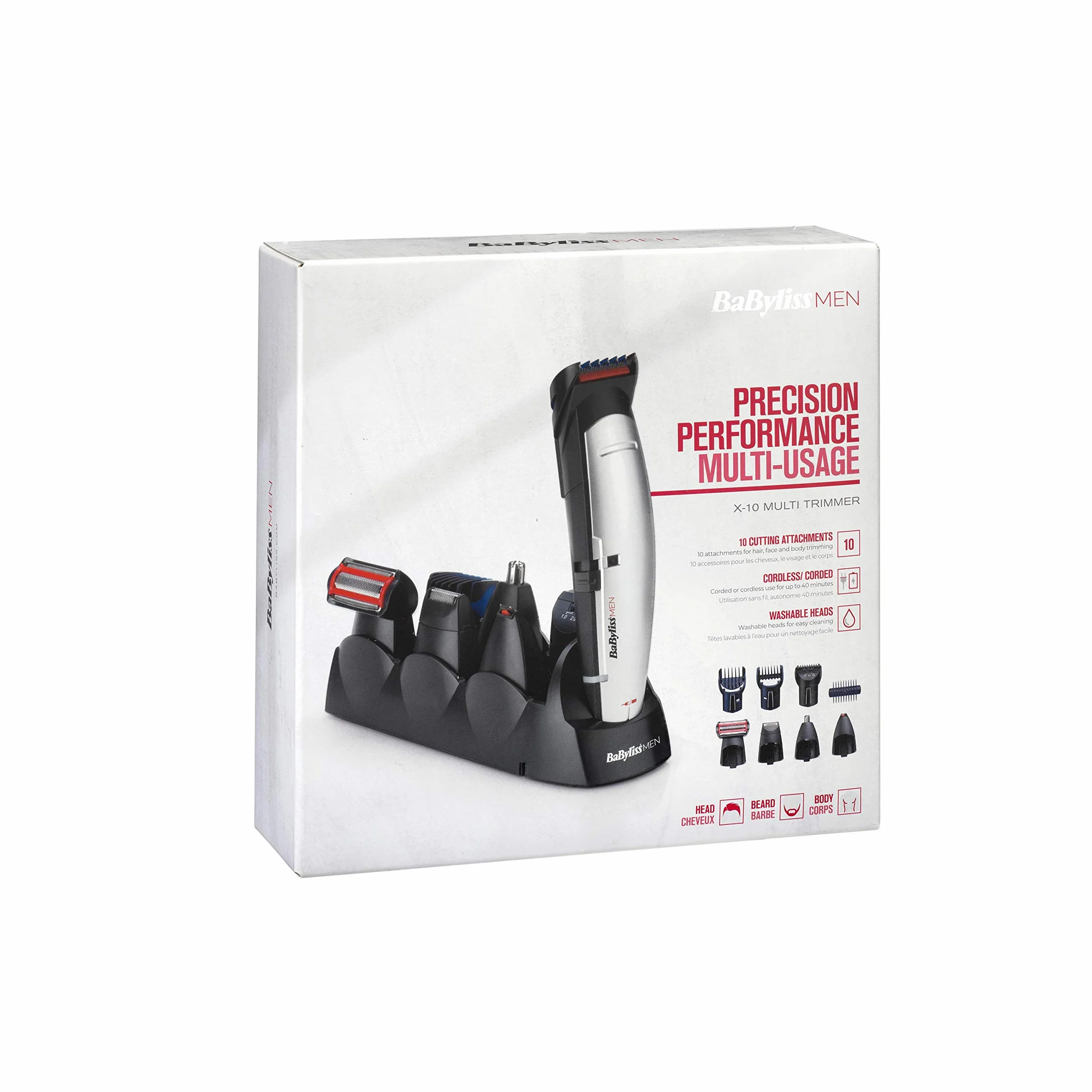 BaByliss X-10 Beard Trimmer Grooming Kit dla mężczyzn - wielofunkcyjny, ostrza W-Tech do przycinania włosów, brody i ciała, szaro-czarny, E837E