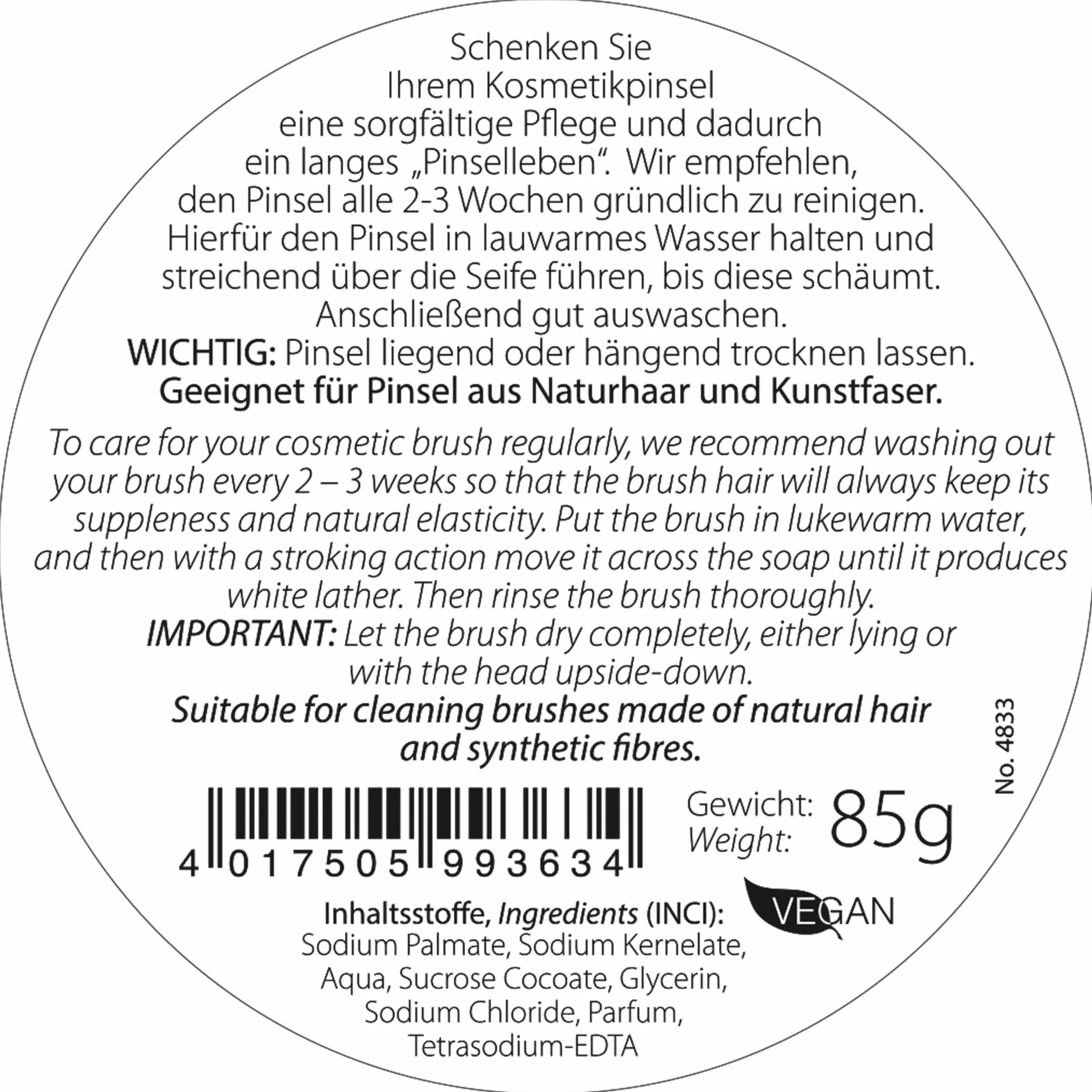 da Vinci, Mydło pędzlowe, 40 g, wegańskie, do czyszczenia i pielęgnacji pędzli kosmetycznych i blendera kosmetycznego, natłuszczające dla uzyskania gładkich włosków, zapach cytryny, Made in Germany