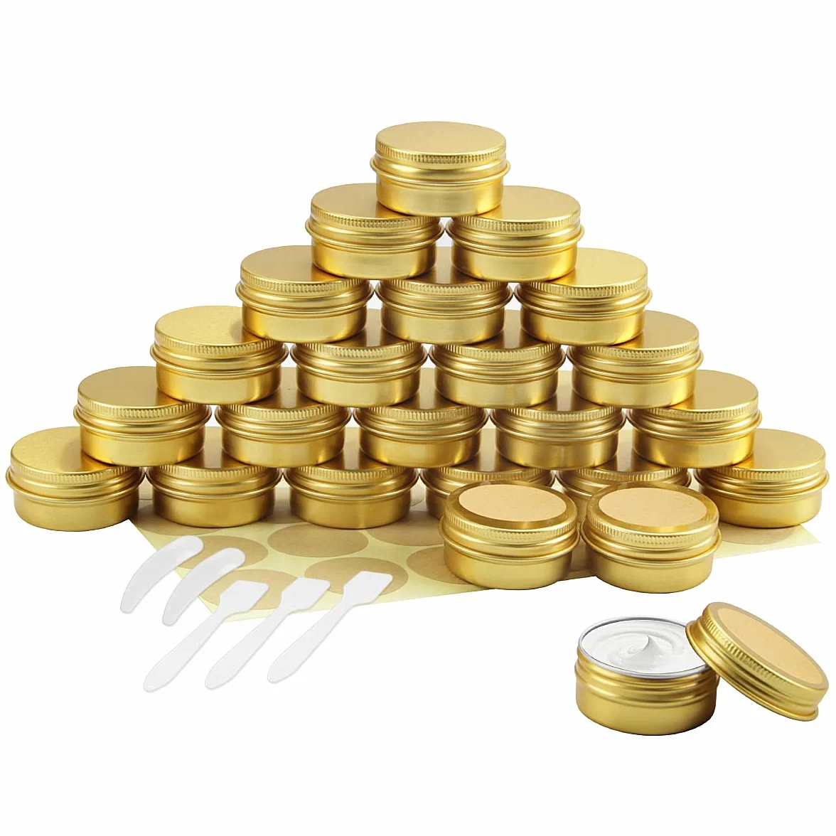 Podróżne pojemniki na kosmetyki, 20 ml, aluminiowe słoiki z nakrętkami, etykietami i mini szpatułką do kremu, próbki, pudru, przechowywania makijażu (złoty)